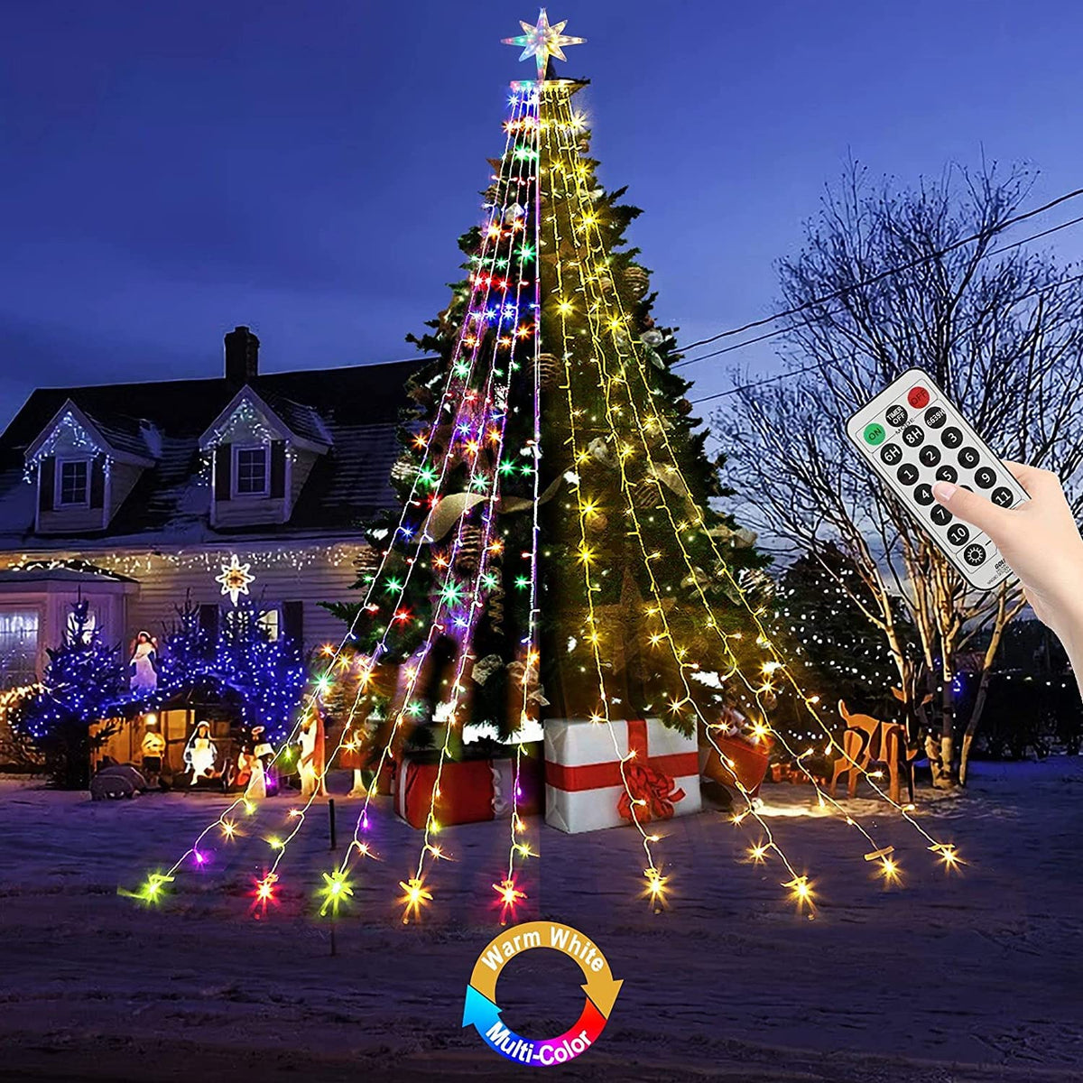 (New) FUNIAO Christmas Lights, Outdoor Christmas Decoration Lights 320 LED Christmas Star String Lights, 11 Modes & Remote Control for Backyard, Christmas, New Year (Warm+Multi)