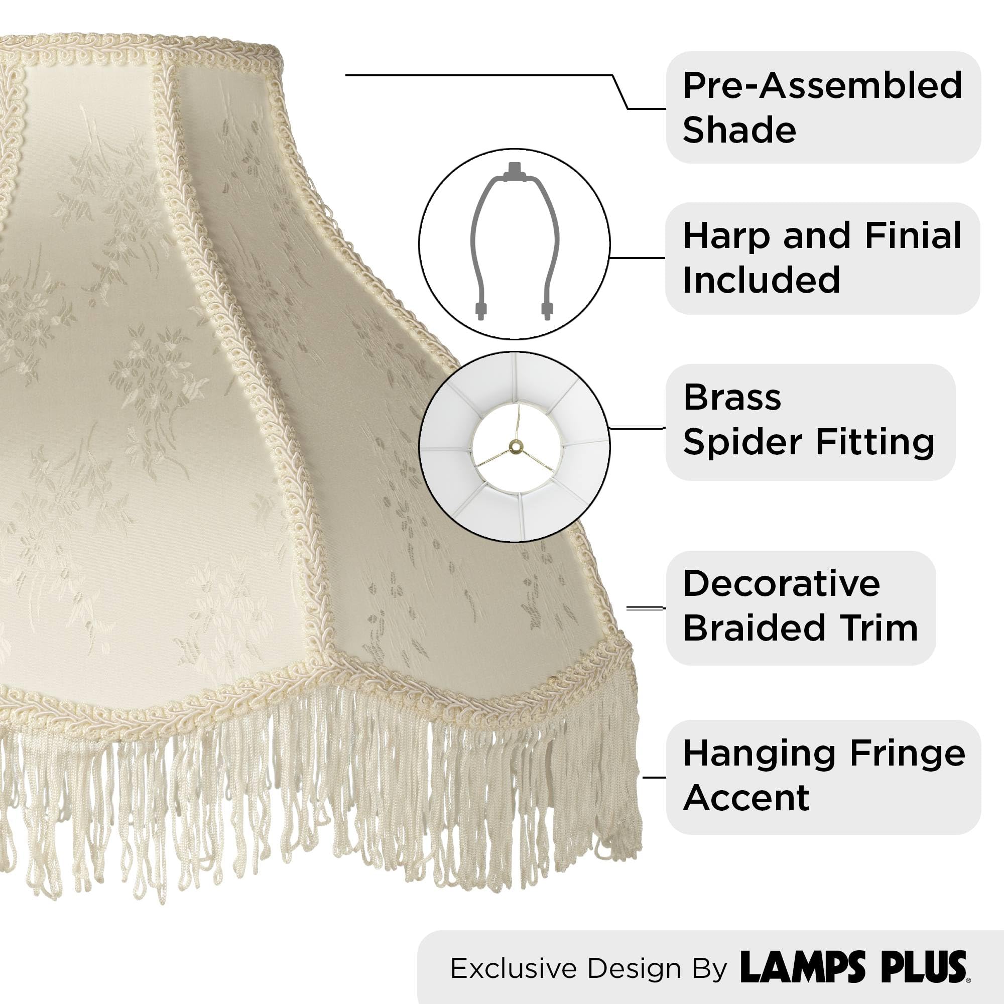 6&quot; Top X 17&quot; Bottom X 11&quot; High X 12&quot; Slant Lamp Shade Replacement Large Cream White Dome Traditional Fabric Fringe Floral Scalloped Spider Harp Finial - Springcrest