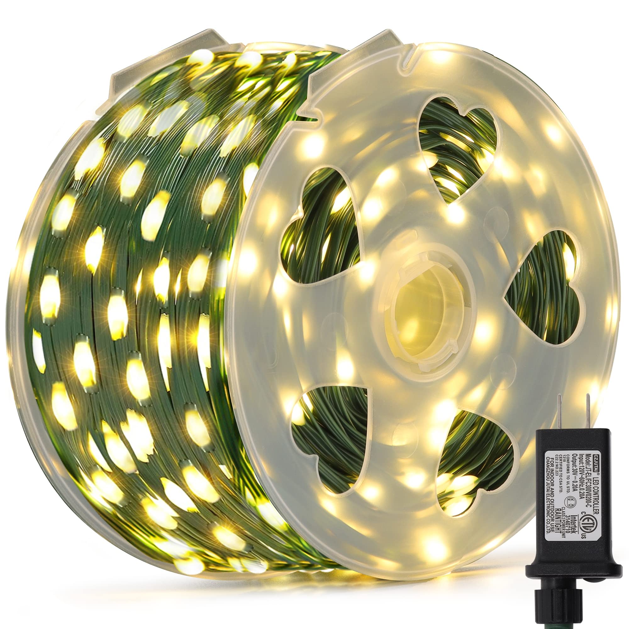 LJLNION 1000 LED Fairy String Lights  328FT Long Outdoor Christmas Lights  Waterproof IP65 Green PVC Copper Wire Lights  8 Lighting Modes Plug in for Xmas Tree Holiday Party Wedding Decor  Warm White