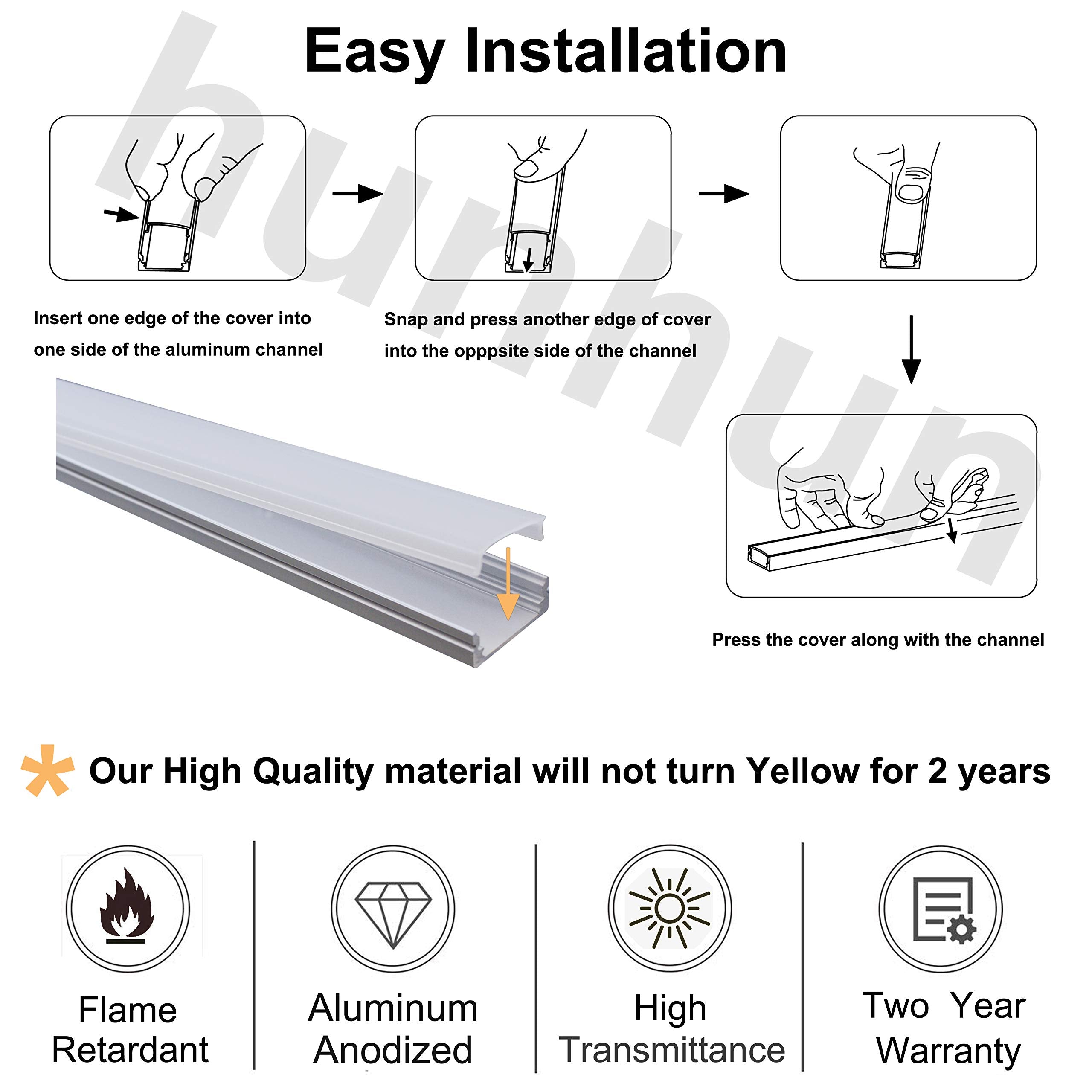 Hunhun 10-Pack 3.3Ft/1Meter U Shape Led Aluminum Channel System With Milky Cover, End Caps And Mounting Clips, Aluminum Profile