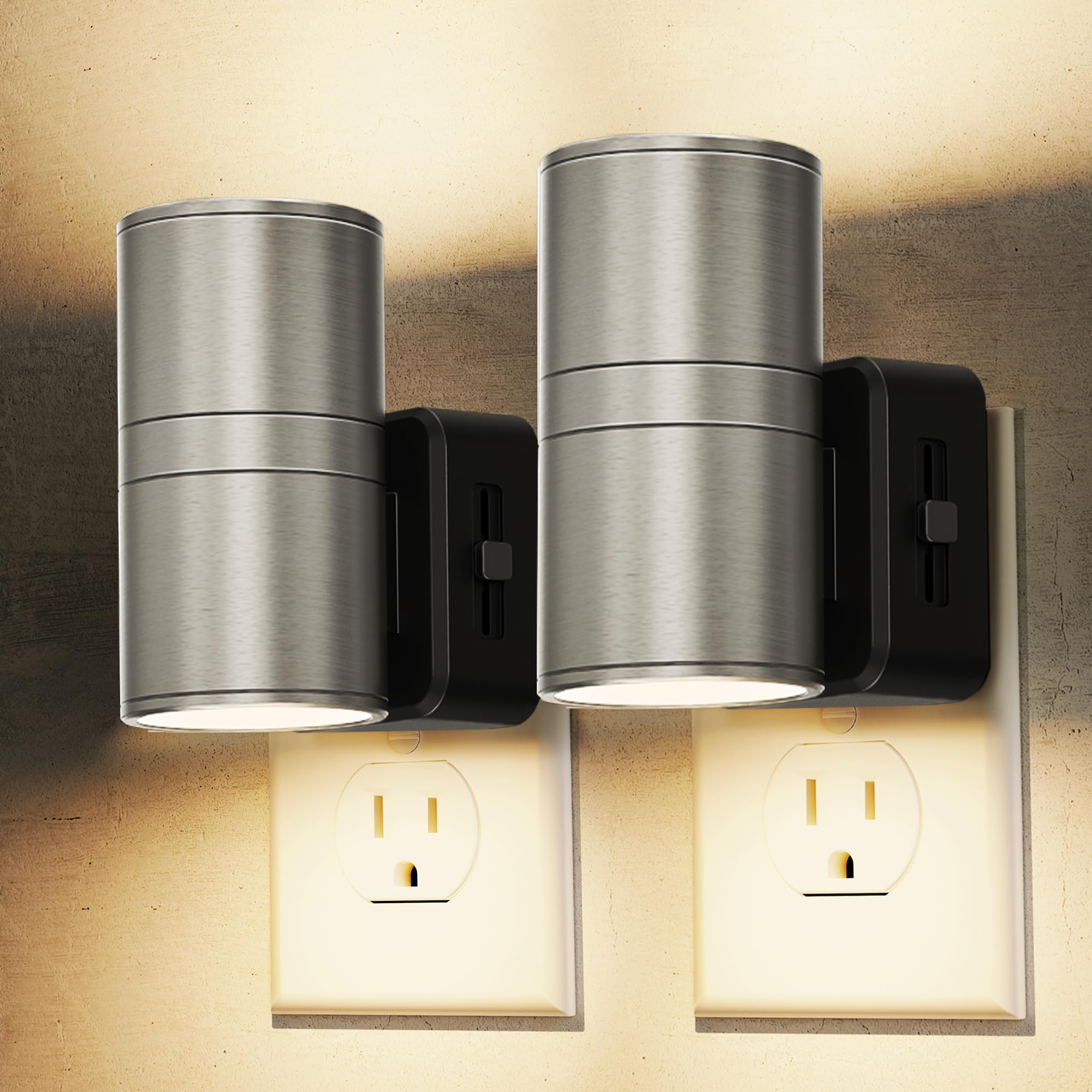 L LOHAS LED Night Light, Dimmable Metal Shade, Soft White 3000K, 2 Pack, Matte Sand Nickel, Model GY060US-02-NK-2