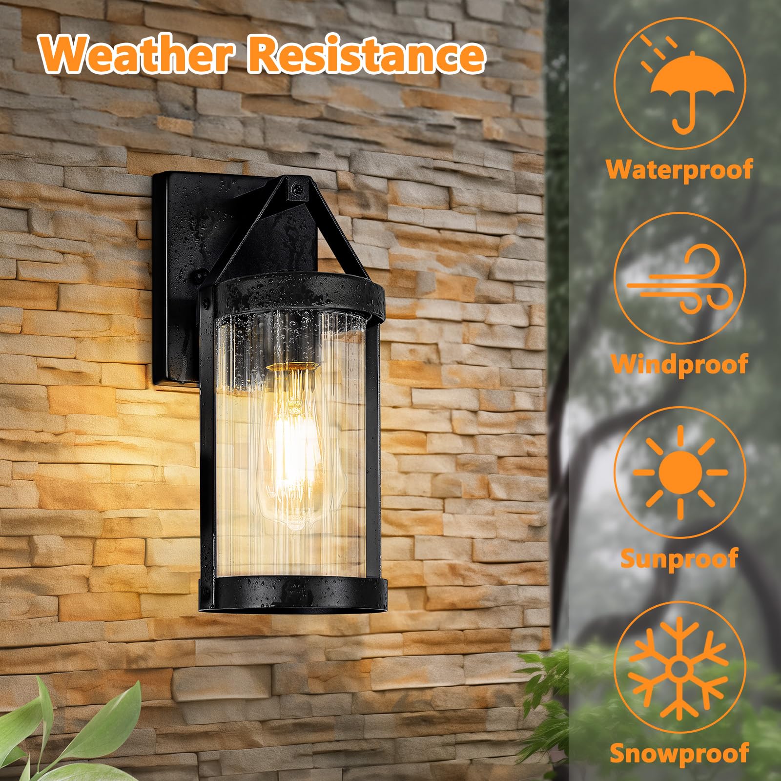 Brightever Outdoor Wall Light Fixtures, Waterproof Black Sconce, 2-Pack, Clear Glass