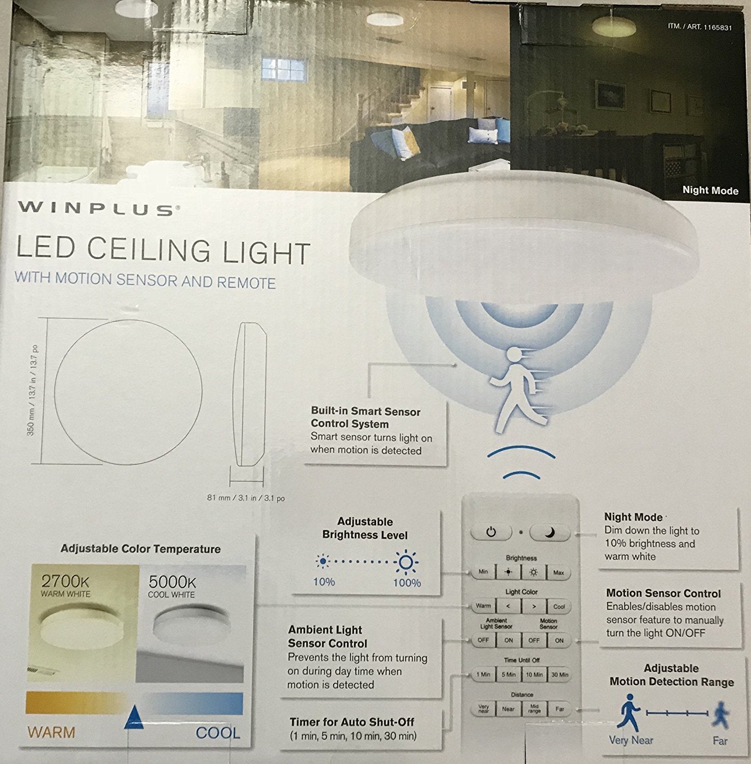 Winplus LM56123-6 Control & Motion Activated LED Ceiling Light with Remote, White