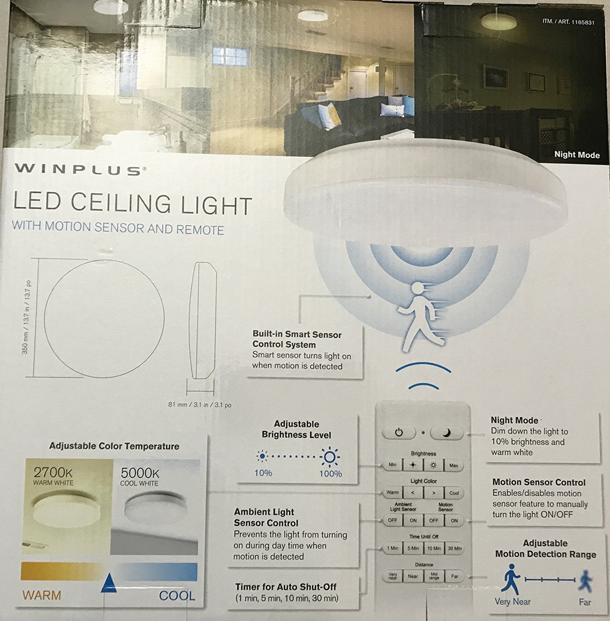 Winplus LED Ceiling Light - Control & Motion Activated, Remote, Alumin ...