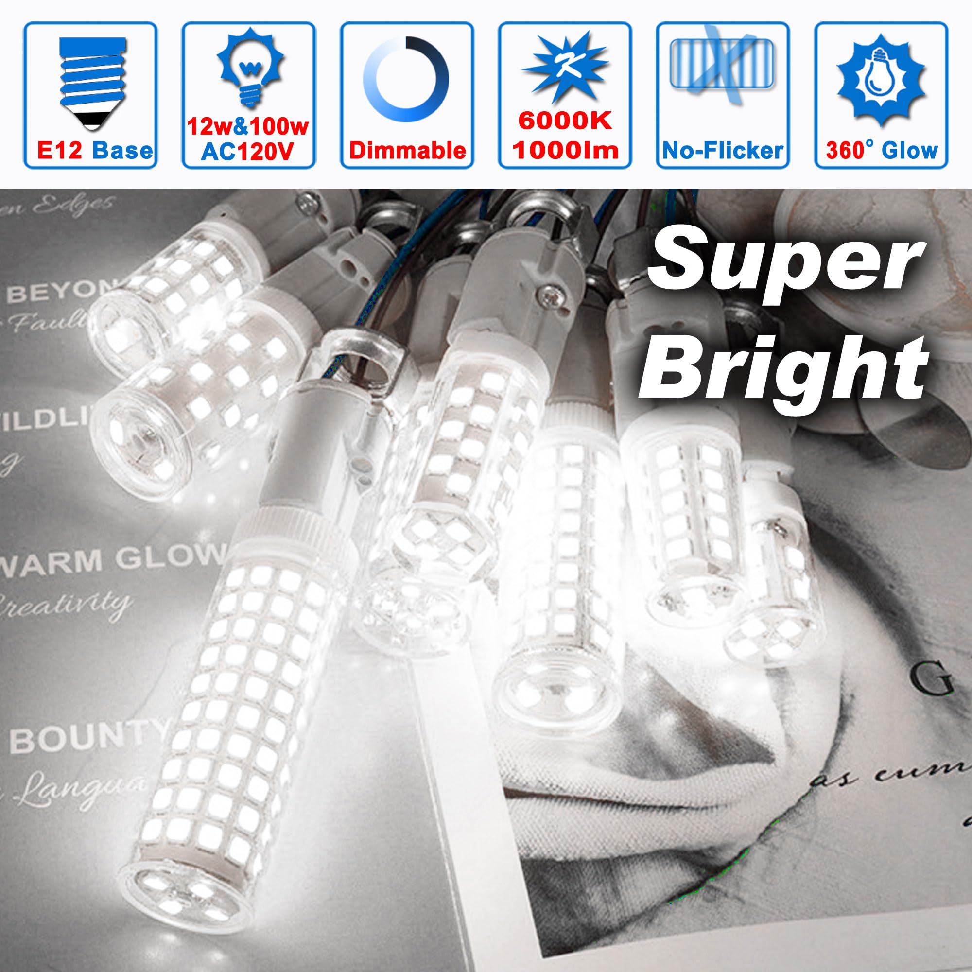 E12 100W Dimmable Led Candelabra Bulbs Replacement C7,6000K Daylight Bright Cool White,1000 Lumen T6 E12 12W Led Candle Bulbs Fo
