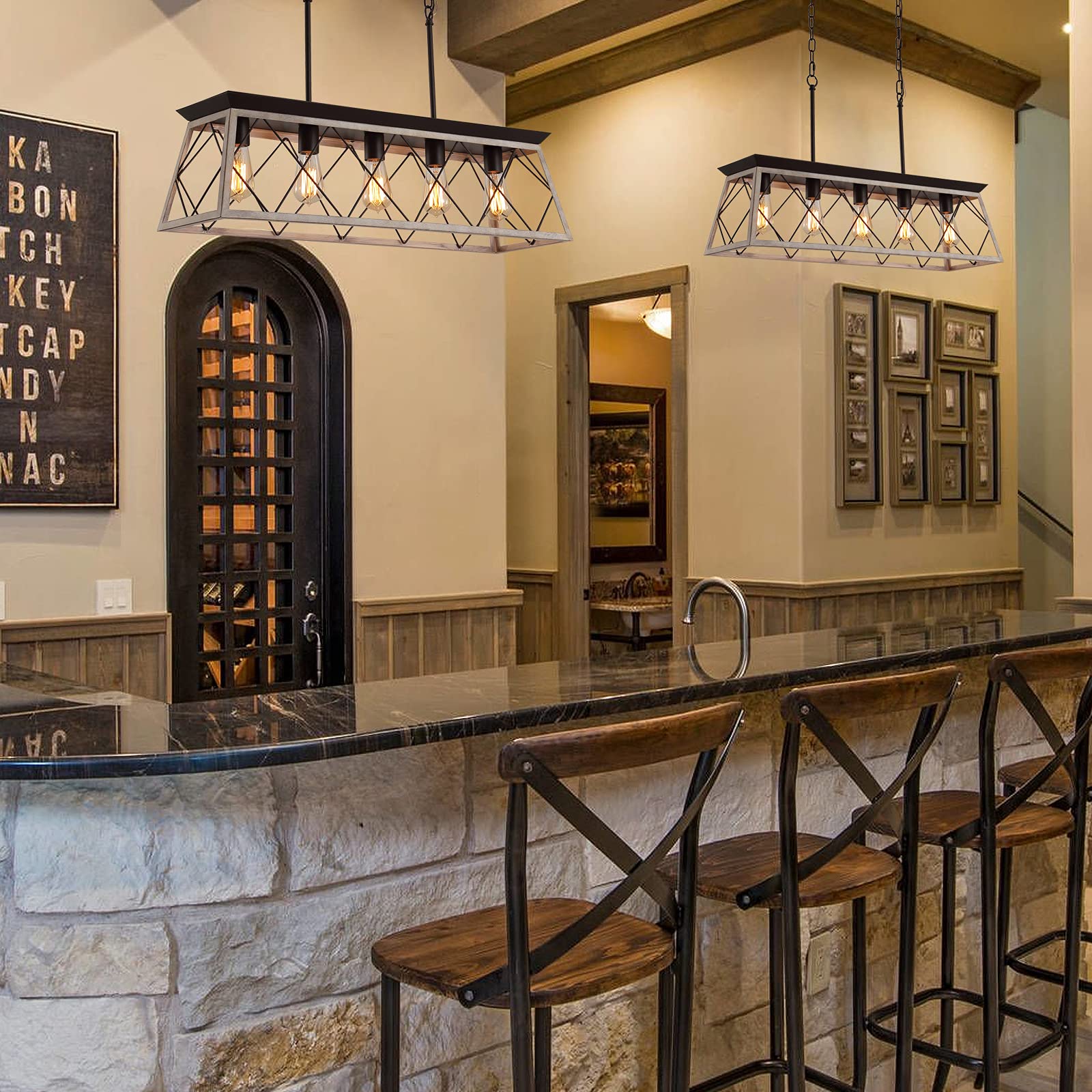 Q&S 5-Light Rustic Vintage Chandelier, Oak & Orb Pendant Fixture For Kitchen, Bar, Office