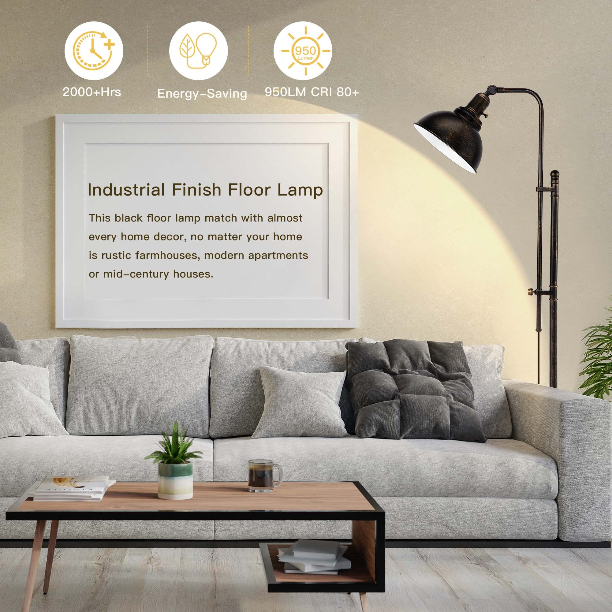 Partphoner Industrial Floor Lamp - Adjustable Rustic Black Metal Shade, Remote Control, Modern Design For Living Room, Bedroom, Office