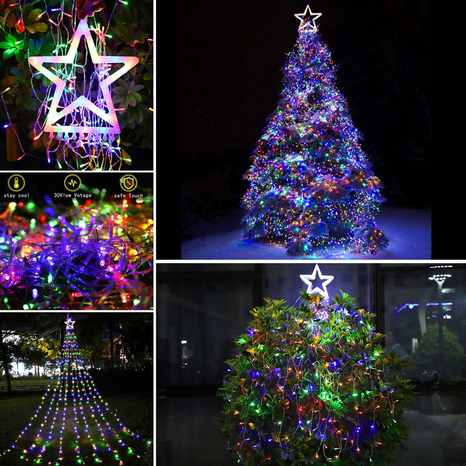 FUNIAO Christmas Lights, 320 LED Waterfall String Lights, 8 Light Modes, 12in Star Tree Topper, Multicolor, Model YLS1000WD01