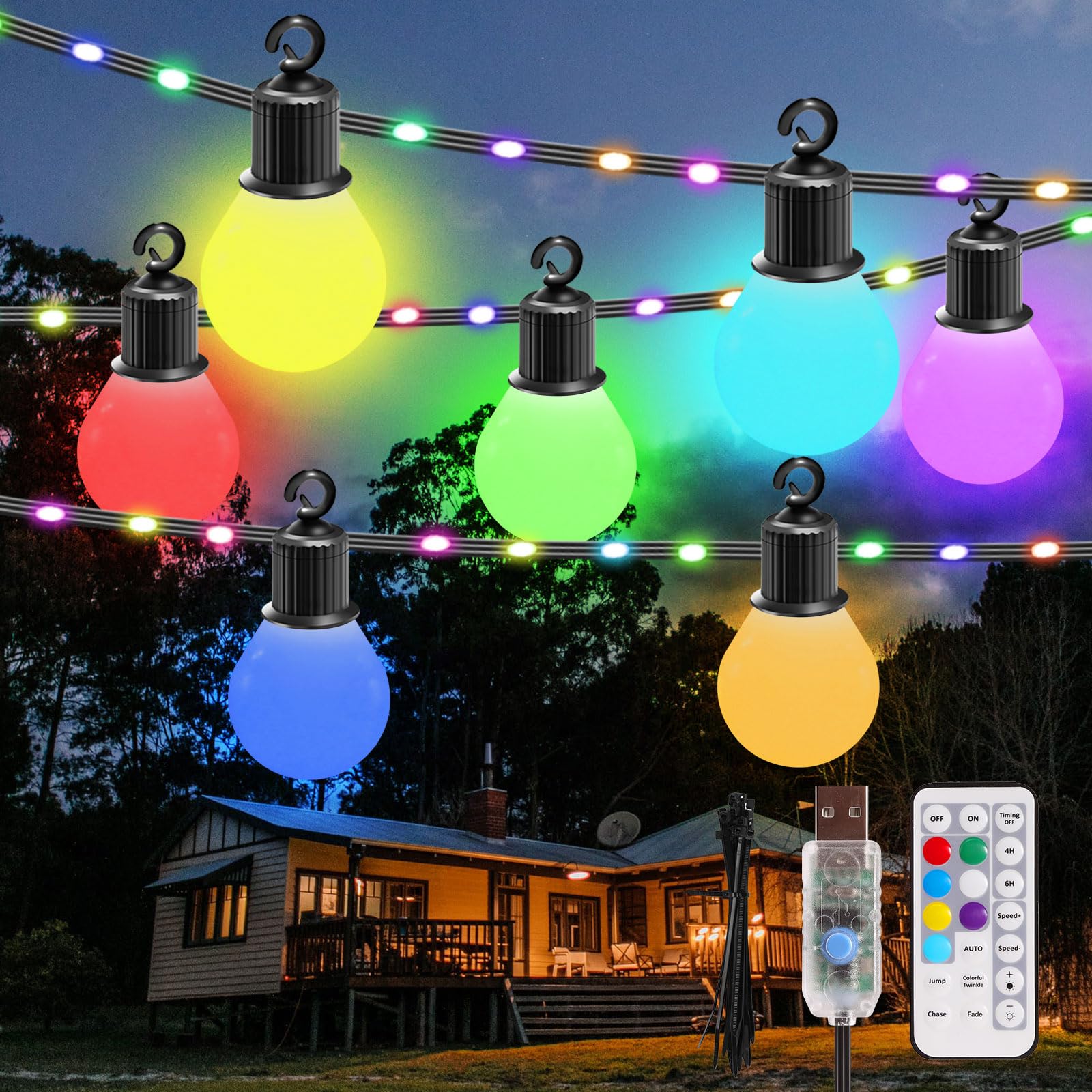 GreenClick Outdoor String Lights 41ft 20 Dimmable Bulbs+80 LED Beads,RGB Patio Lights with Remote,IP65 Waterproof Shatterproof C