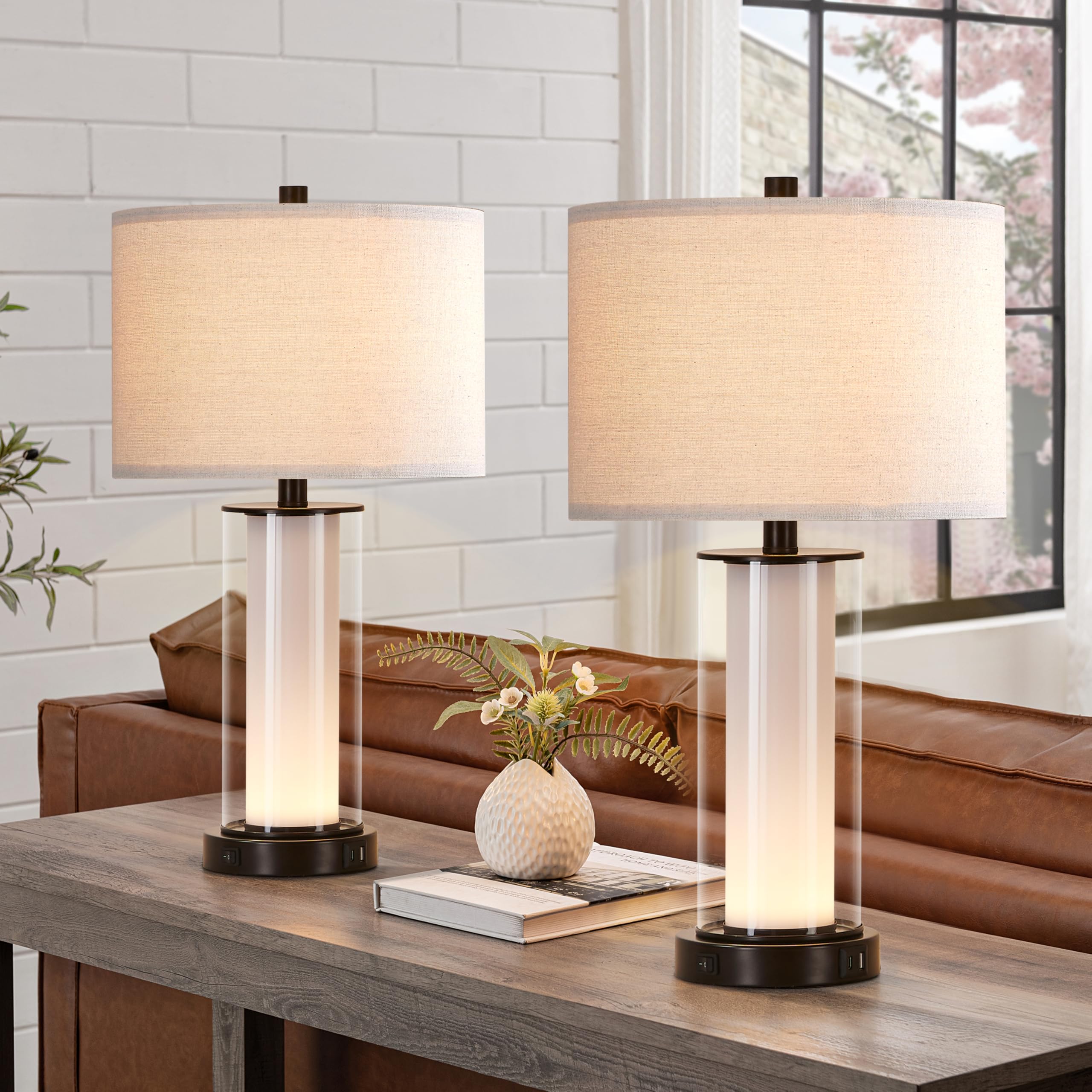 Kyrid Modern Glass Table Lamp Set with Night Light, USB Ports, 23.25" Height, Black, Model HK21321 (2 Bulbs Included)