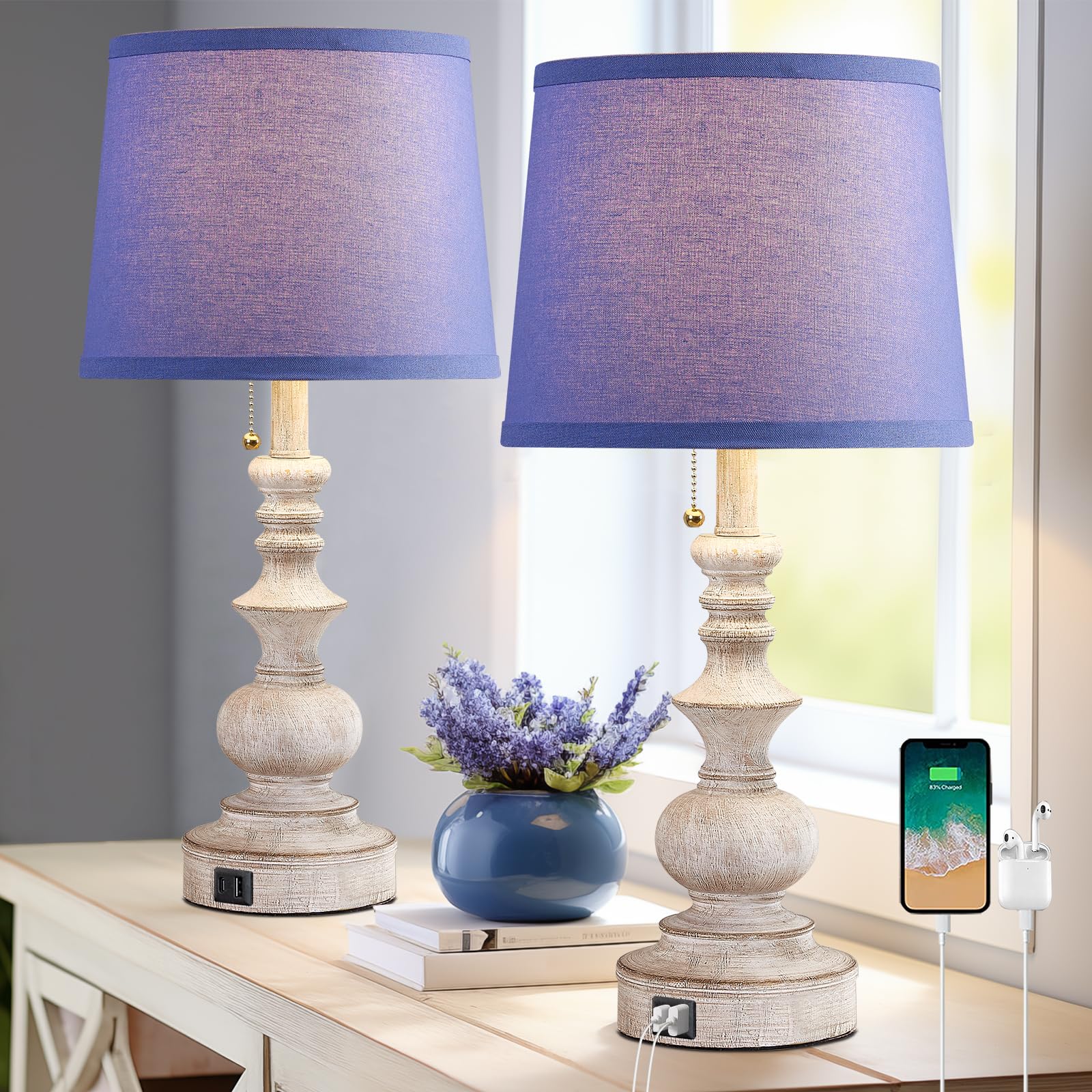 22'' Farmhouse Bedroom Table Lamps Set of 2 Bedside Nightstand Lamps with USB A/C Charging Ports Small Side Table Lamps for Livi