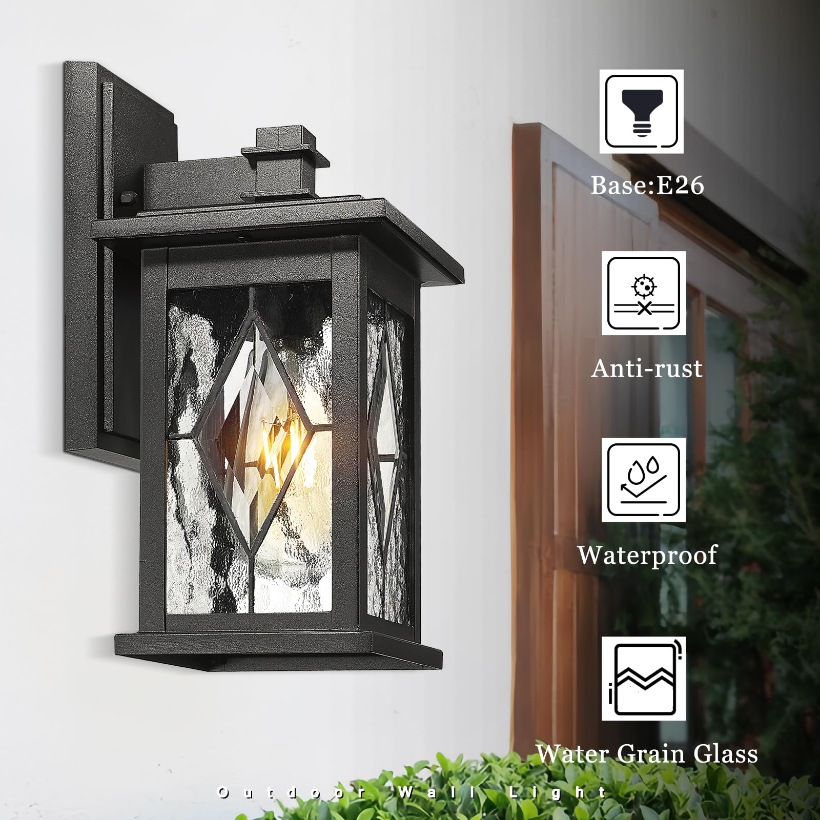 Emliviar 2-Pack Outside Light Fixtures, 12in Black Aluminum with Water Grain Glass, Model 1803EW1-2PK-SD BK