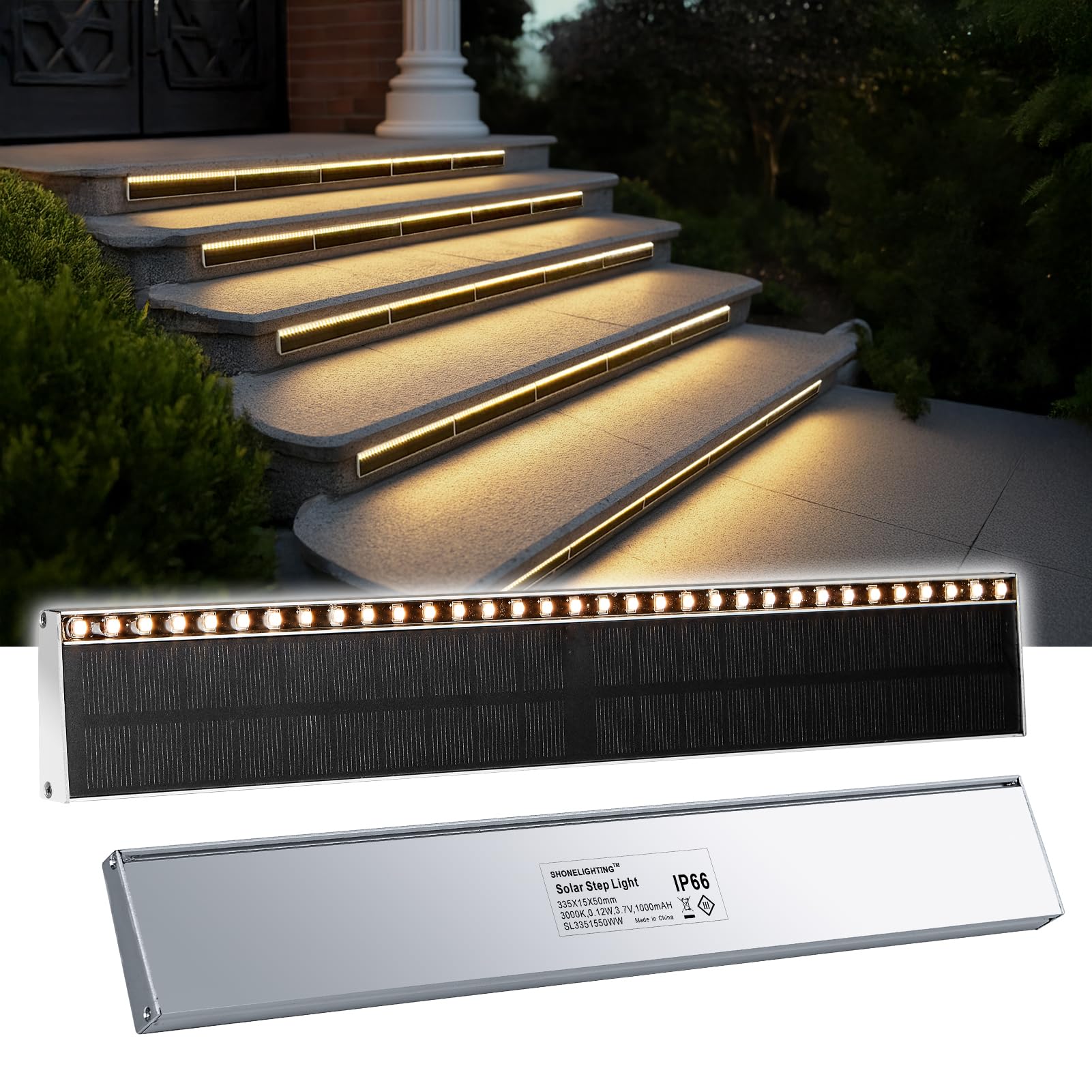 SHONELIGHTING Solar Step Lights for Outside  33 Focused-Beam High-Brightness LEDs  Waterproof Aluminum Outdoor Stair Light for Risers  Curbsides  Poolsides  Planter Edges (Warm White  2Pack)
