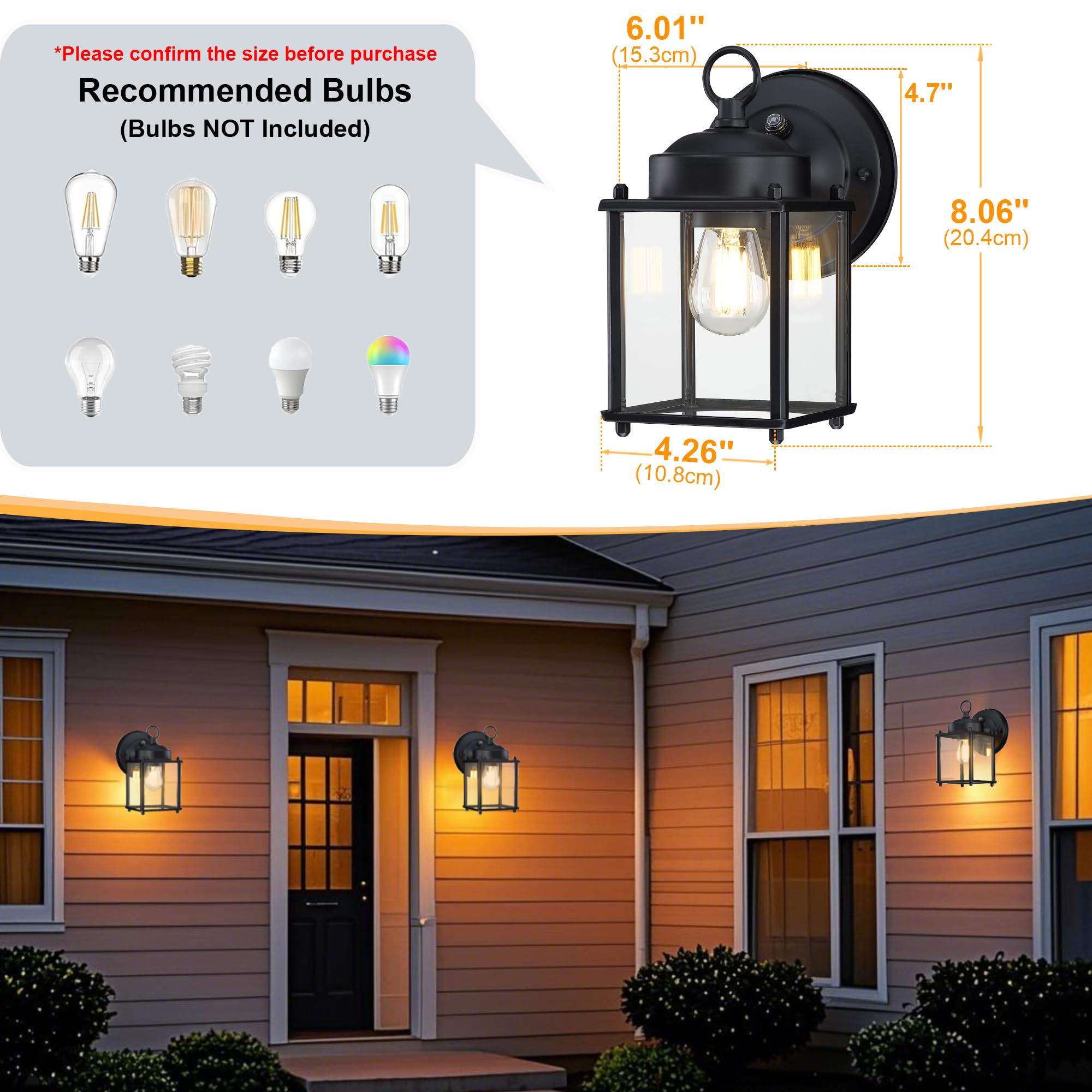 GRUENLICH Dusk to Dawn Outdoor Wall Lantern, Matte Black, 8 Inch, Metal, 2 Pack, Model GR-WL008D2D-BK-2PK