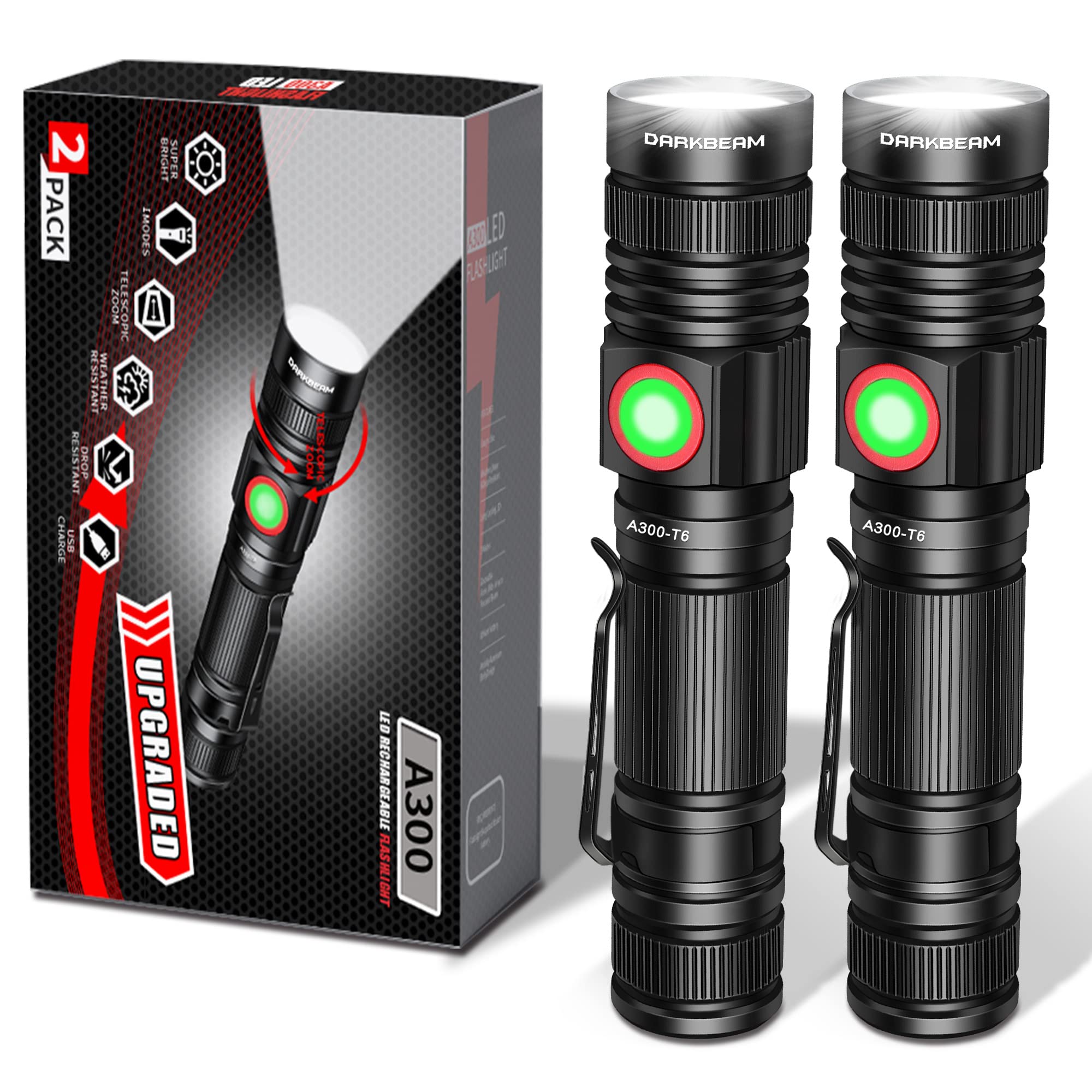 DARKBEAM LED Flashlights 2000 Lumens Rechargeable USB 2 Pack Small Waterproof Pocket Light A300 White