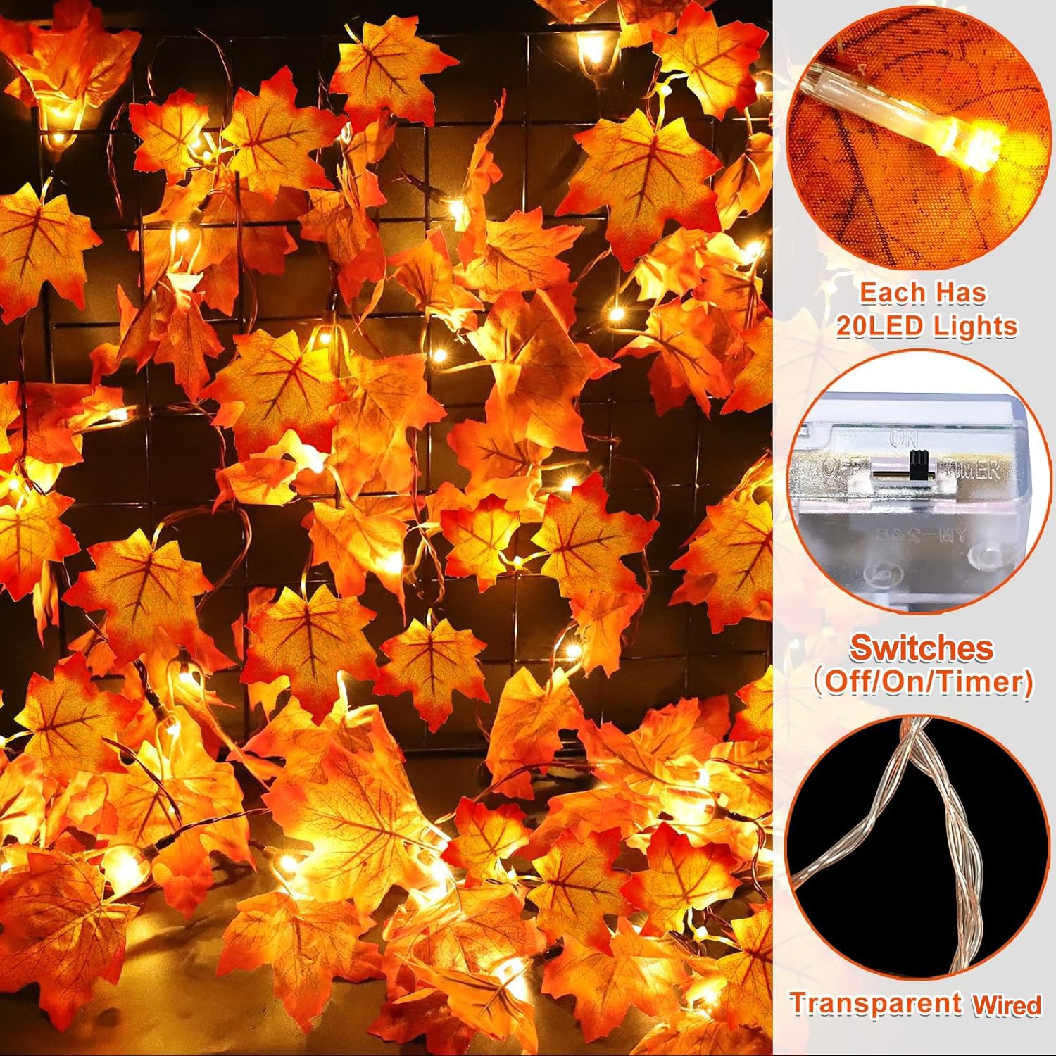TURNMEON 30Ft Fall Garland with 60 LED Lights, Orange Silk Leaves, Battery Operated Thanksgiving Decor for Indoor/Outdoor Use