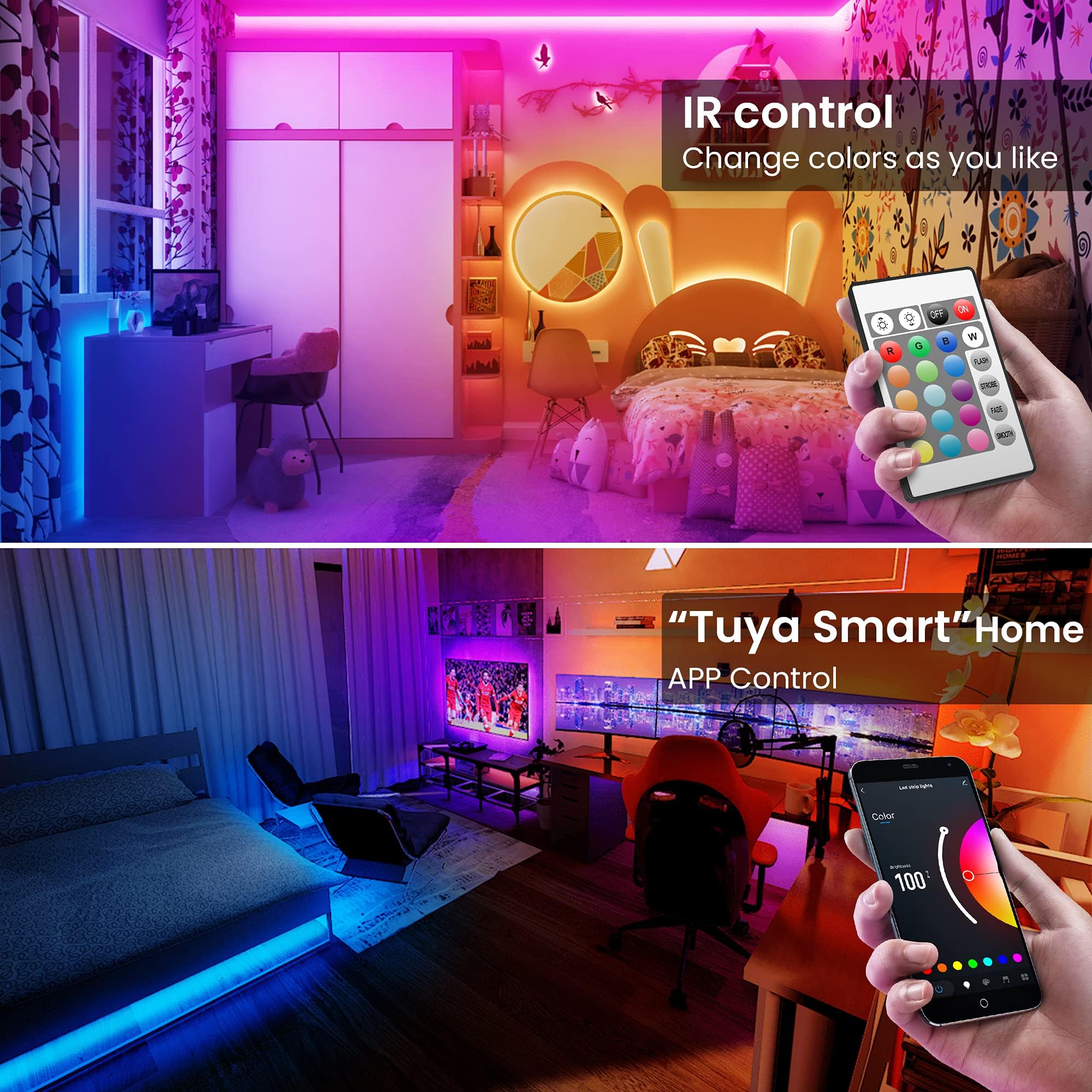 TJOY 100ft Smart LED Strip Lights, RGB Color Changing, Music Sync, App & Remote Control, Multicolor, Model TA2W1502475-3