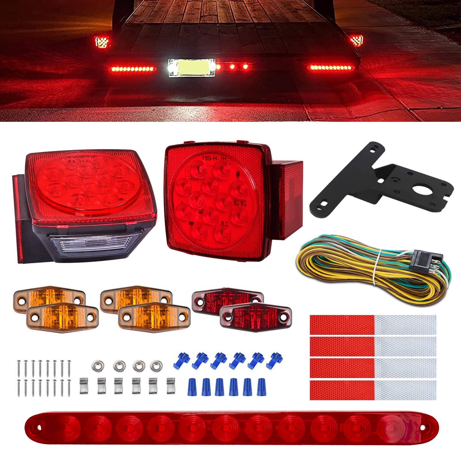Liloom Complete Led Trailer Light Kit - Submersible Boat Led Lights With Square Tail Lights, Marker Lights, Brake Light Bar, Wiring Harness - Ideal For Trailers, Trucks, Boats