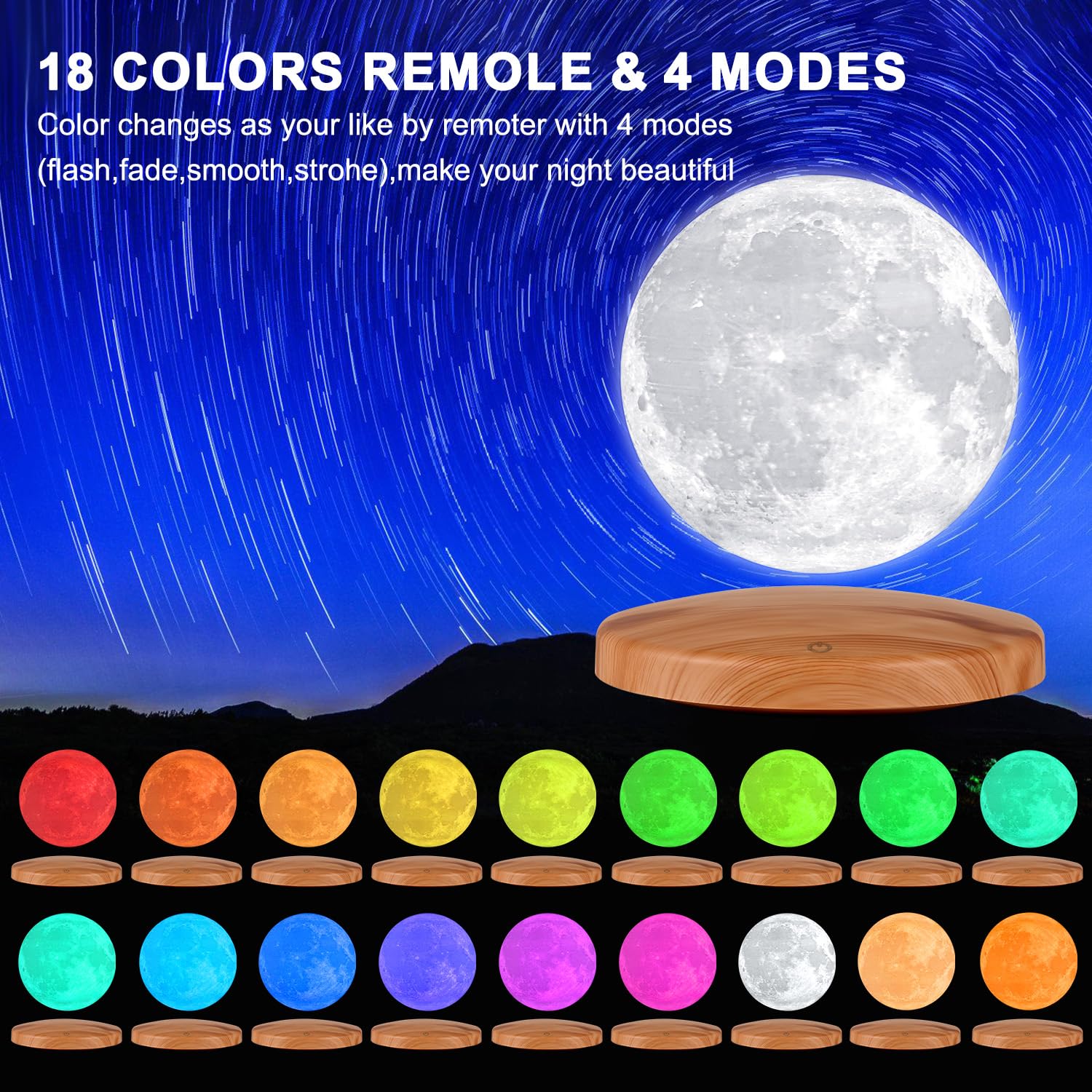 GROPINFLY Levitating Moon Lamp, 6-Inch 3D Galaxy Light, 18 Colors, Remote & Touch Control, Perfect Gift for Kids and Adults