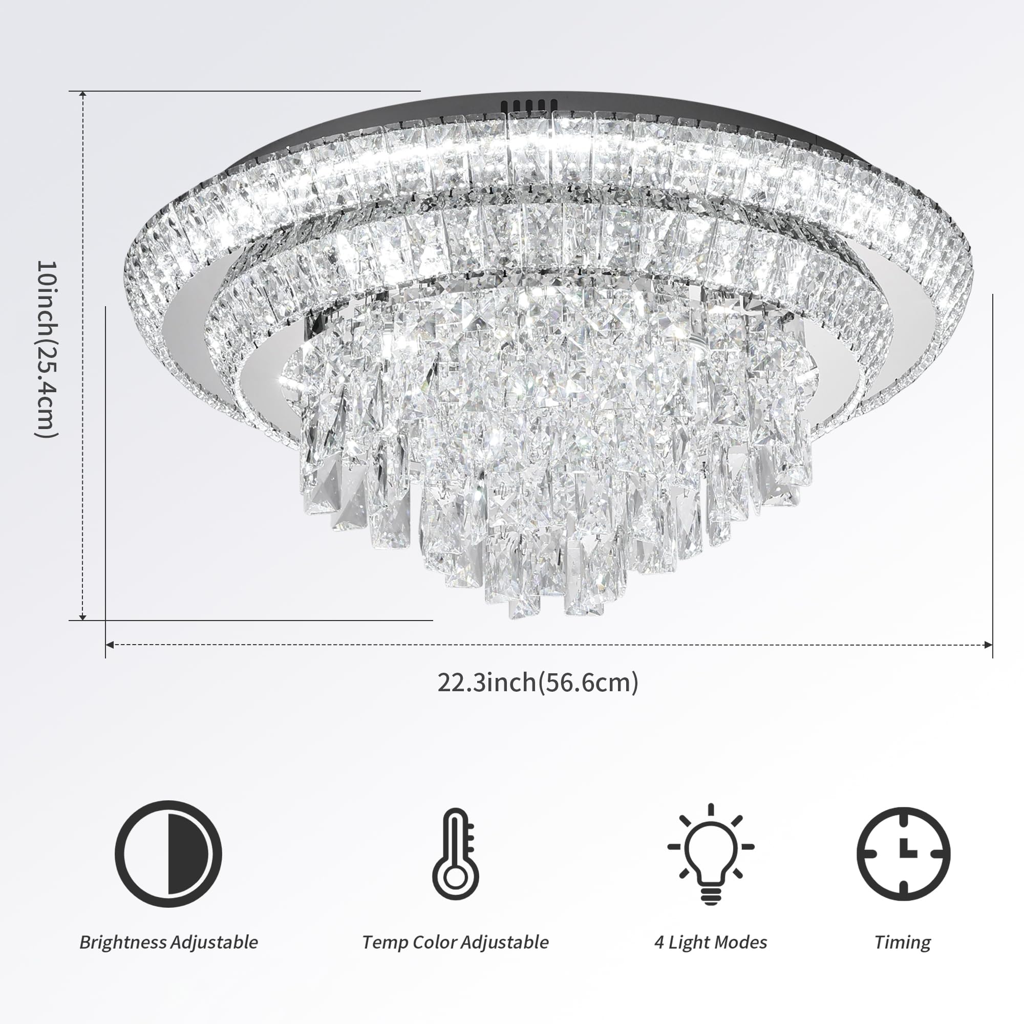 Redstar 24'' Crystal Ceiling-Light Flush Mount With Remote Control, 3 Colors Temp & Brightness Adjustable, Modern Crystal Raindr