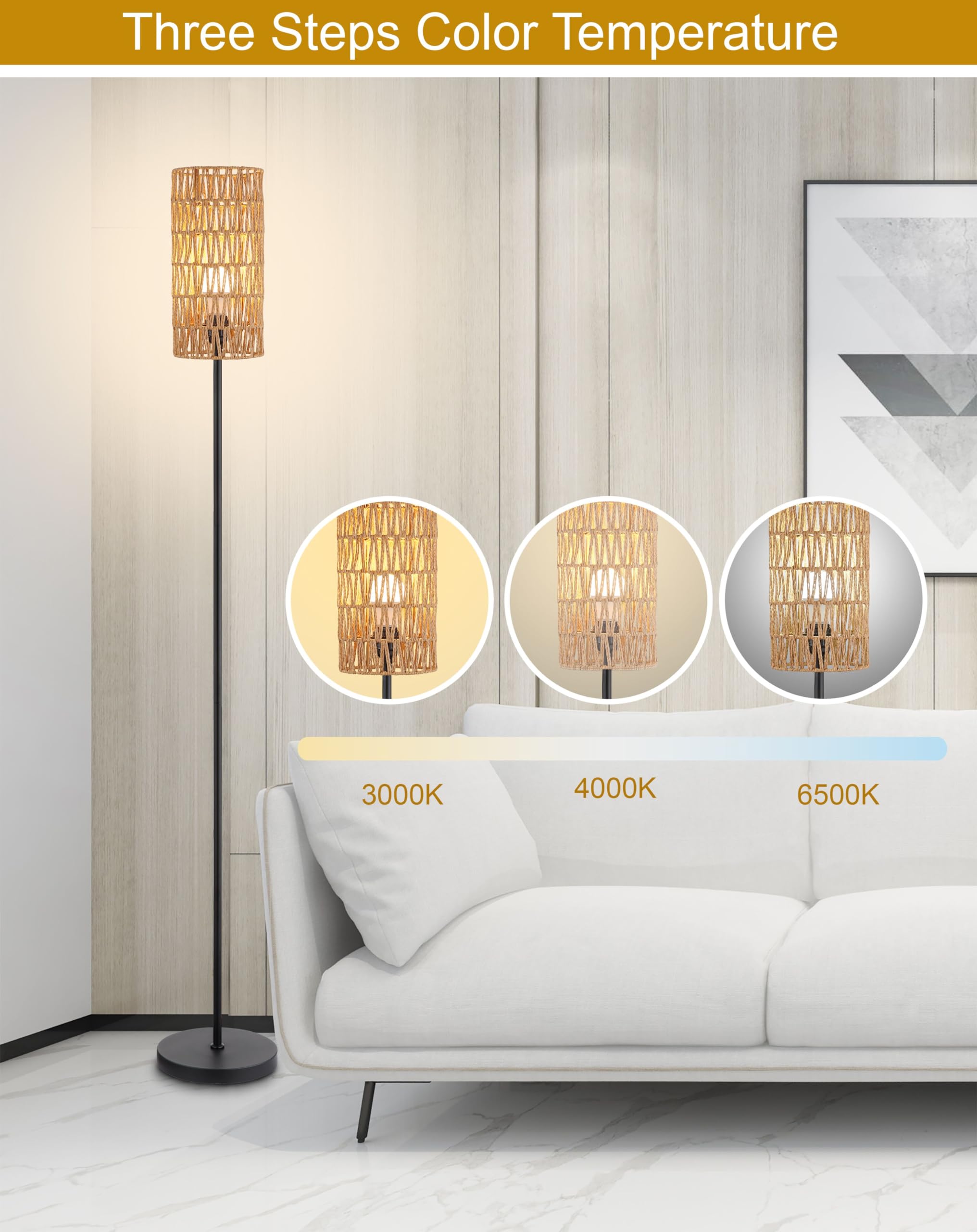 Floor Lamp For Living Room,Farmhouse Rattan Floor Lamp,Modern Standing Lamp With Hand-Worked Rattan Shade,Black Tall Lamp With F