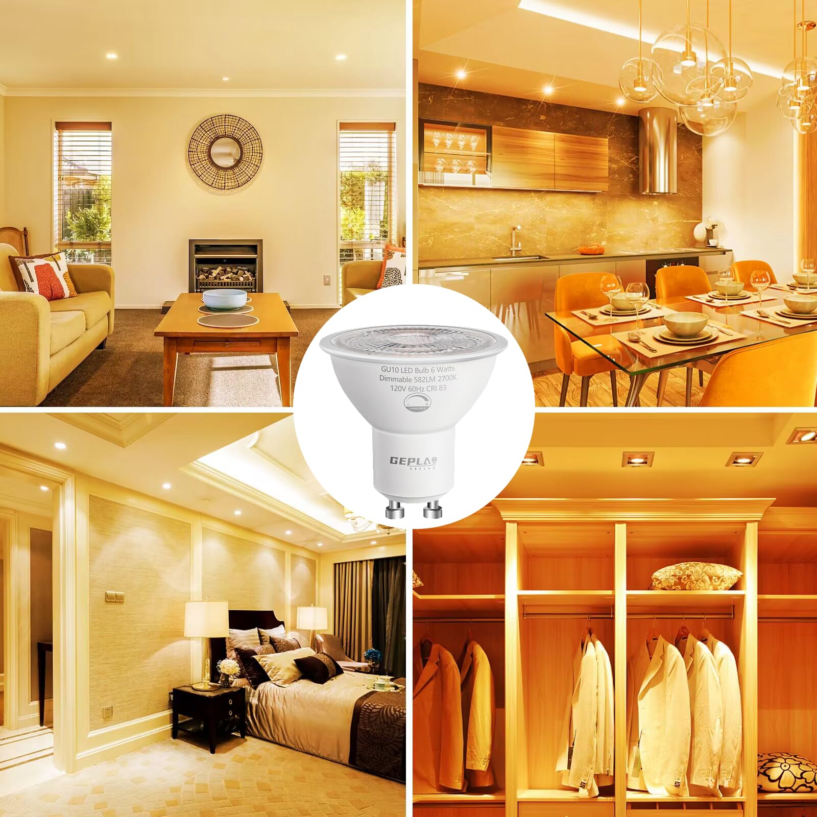 Geplad 6 Pack Gu10 Led Bulb Dimmable 6W, 582Lm, 2700K Warm White, Halogen Replacement, 38° Spotlight