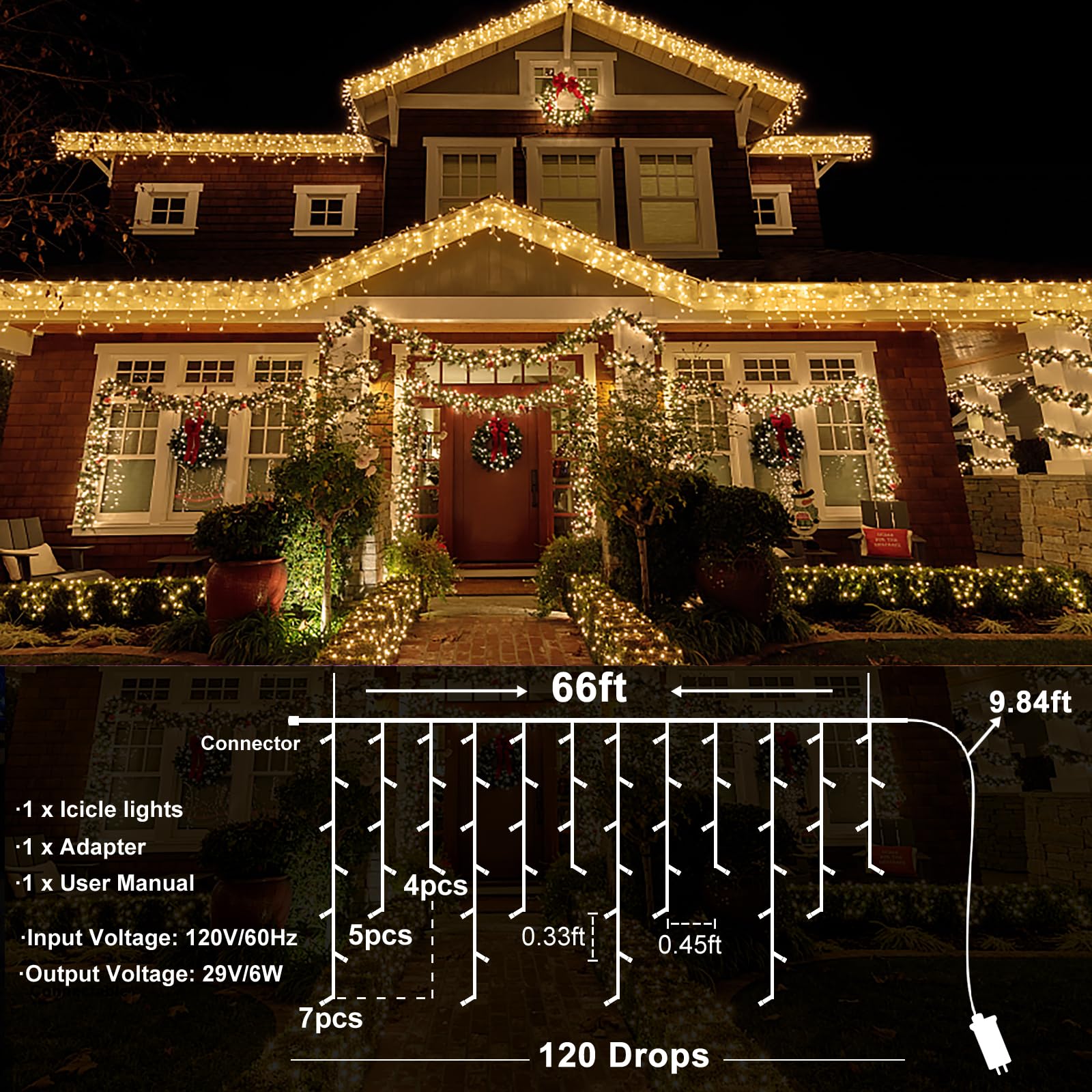 Vivideal Icicle Christmas Lights, 66ft 640 LED, Warm White, Waterproof, 8 Modes Timer, Indoor/Outdoor Holiday Decor