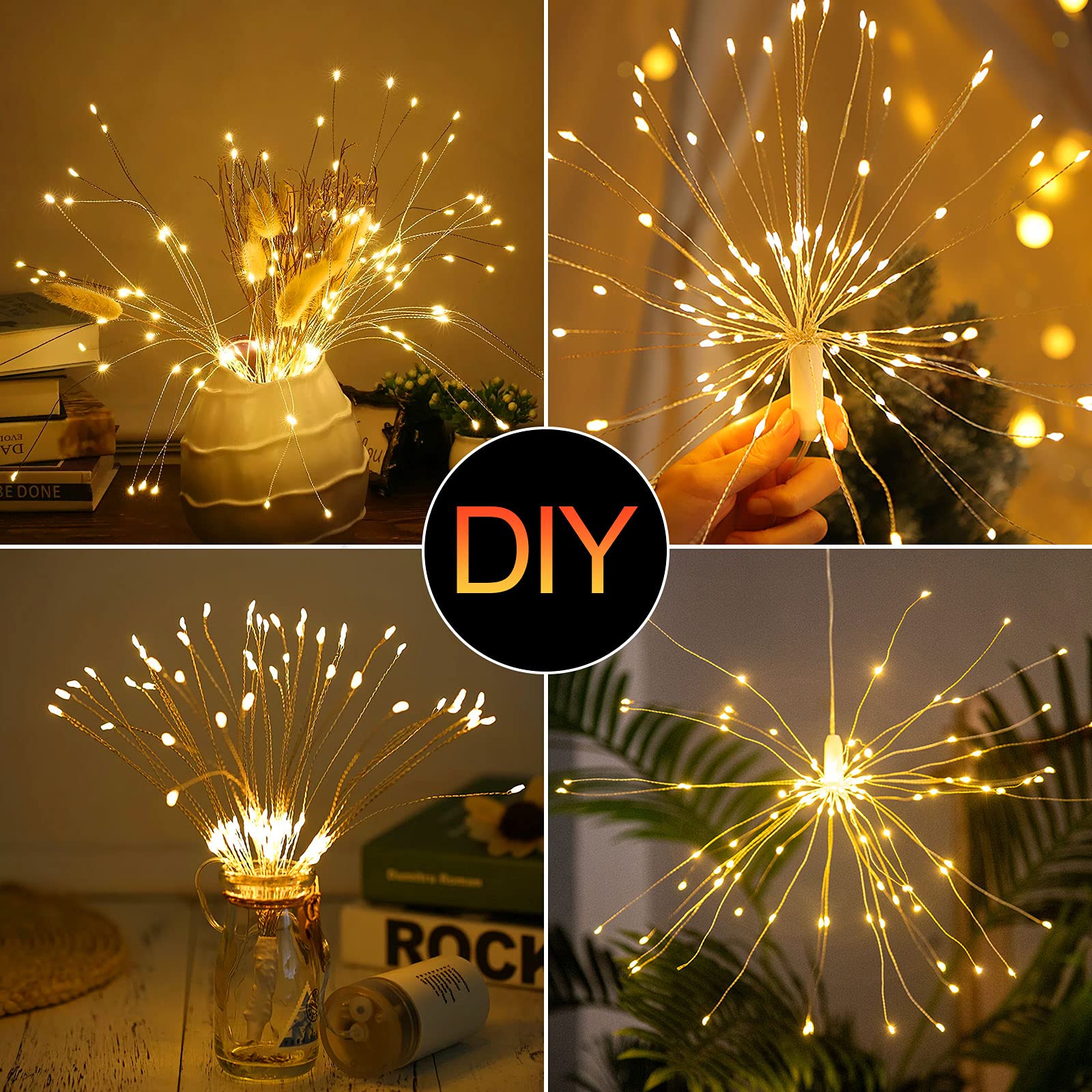 4 Pack String Lights Christmas Lights, 225 Led 8 Modes Dimmable With Remote Control, Waterproof Copper Wire Decorative Hanging Bursting Star Lights For Party Patio Garden Decoration (Warm White)