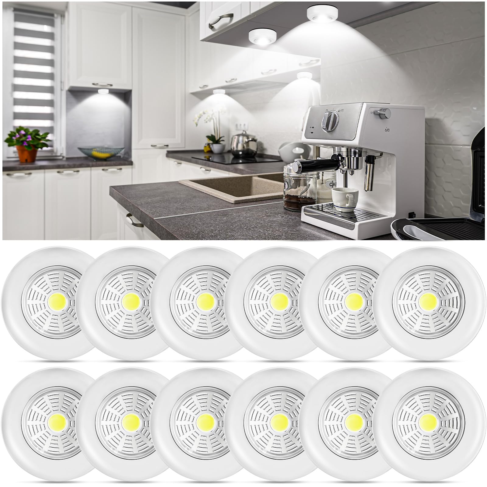 Macarrie 12 Pack Wireless LED Puck Lights, Under Cabinet Lighting, 70 Lumens Portable Touch Light, Stick on Battery Powered, for