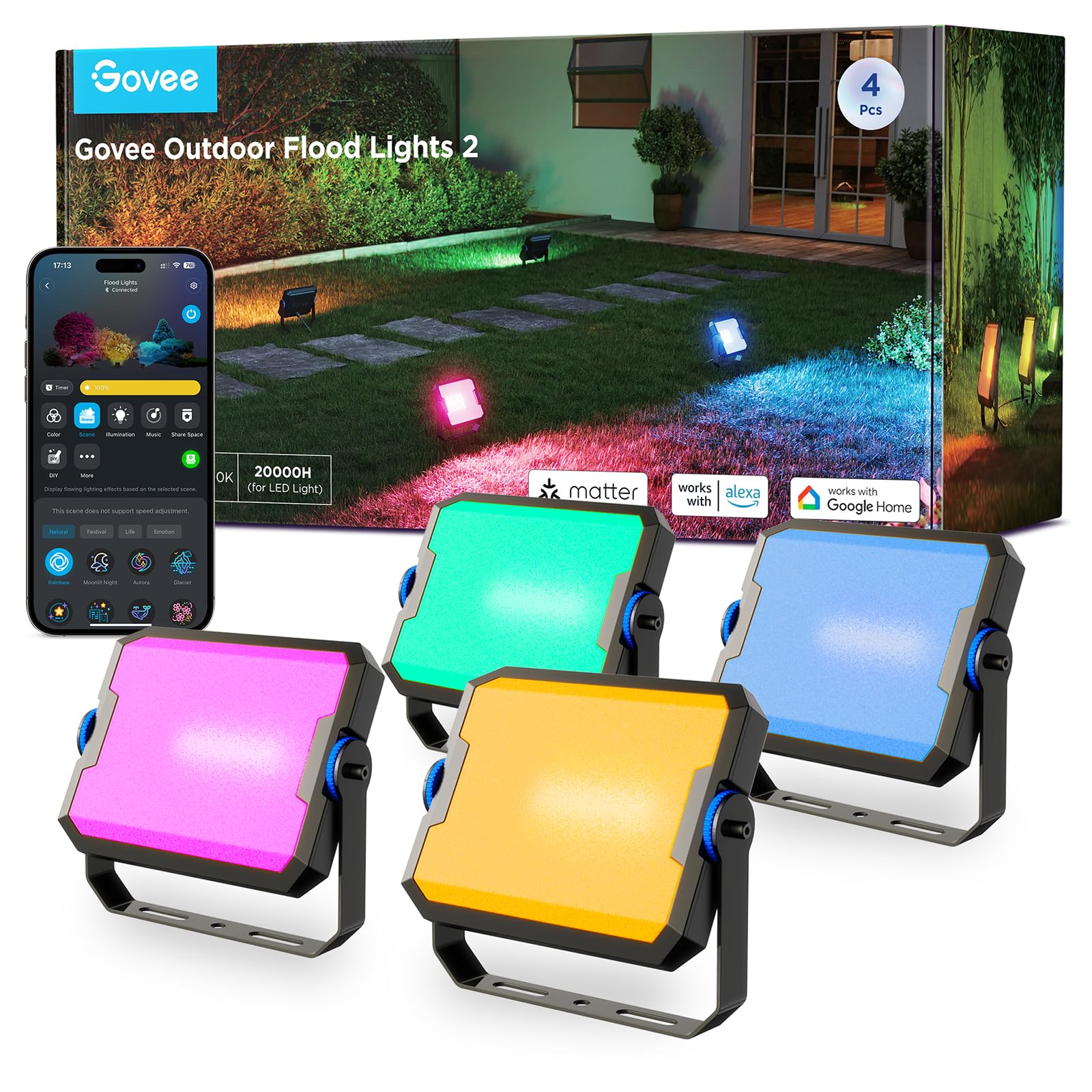 Govee Outdoor Flood Lights, RGBIC Warm Cold White, 50 Scene Modes, 4 Pack, Black, Model H7057, Upgraded IP66, App Control