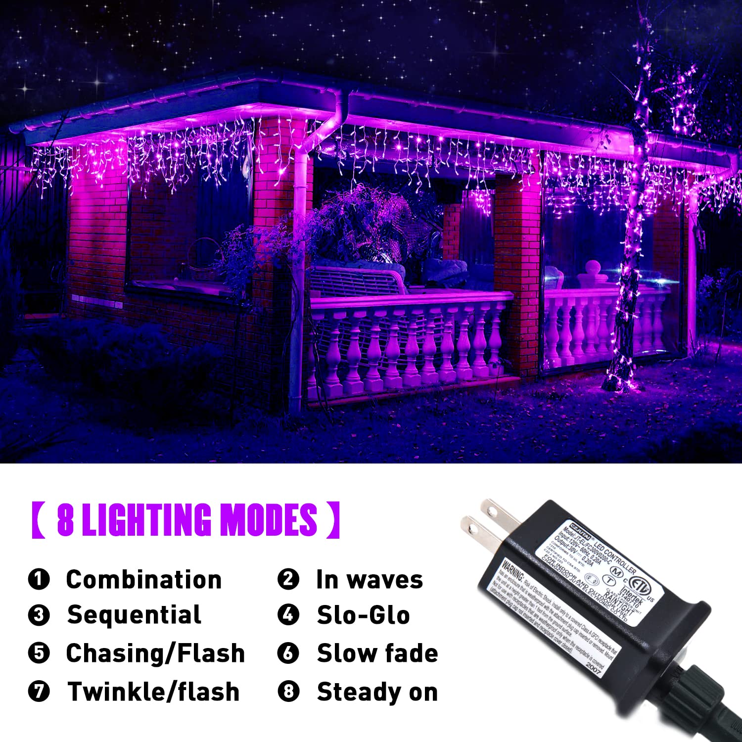 JMEXSUSS Purple Icicle Lights, 400 LED, 33.8 FT, Waterproof, 8 Modes, Model EXS-I-0400, Outdoor Christmas Decorations