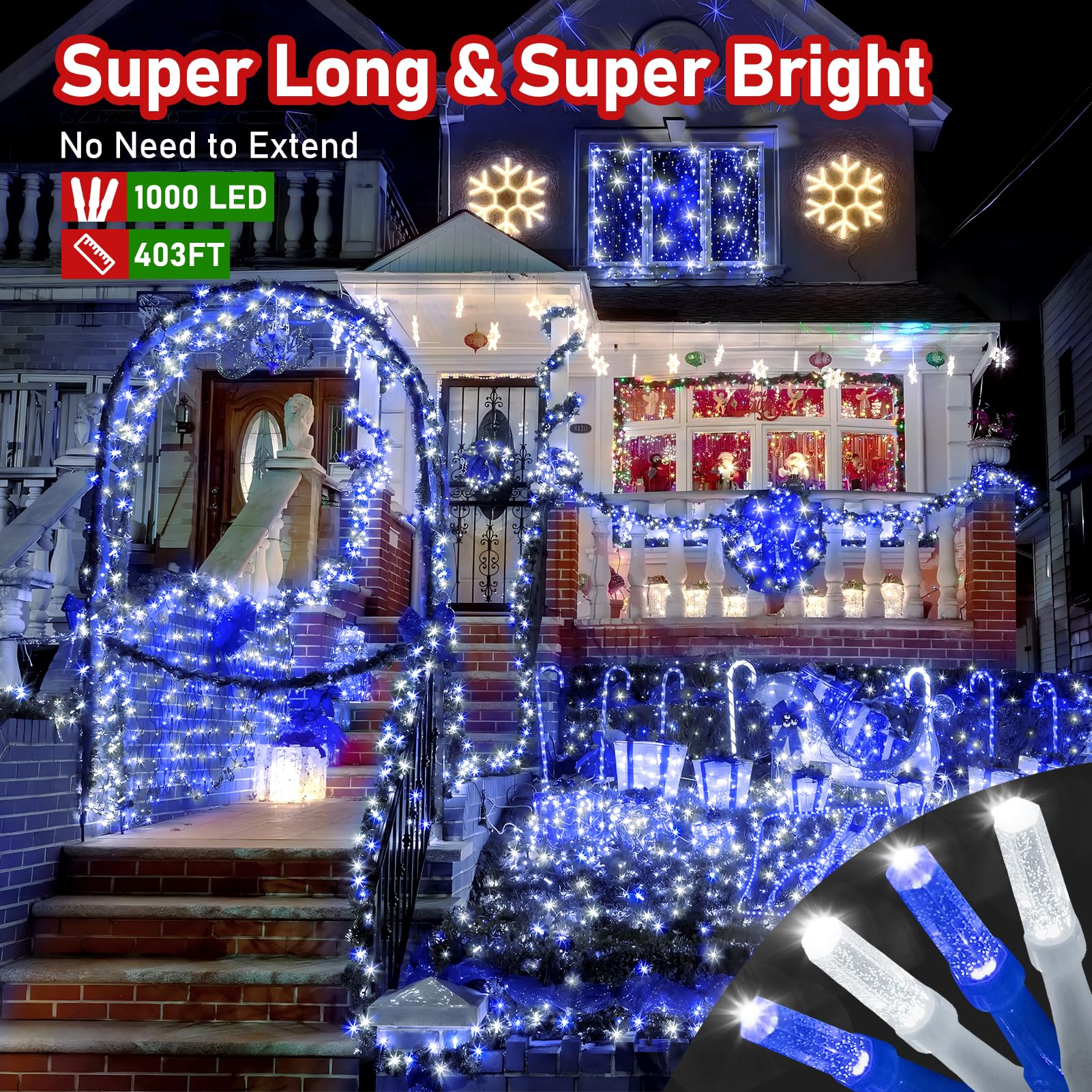 XURISEN 1000 LED Christmas Lights Outdoor, 403FT Blue and White String Lights with 8 Modes & Memory Timer, Model XUR-STG37