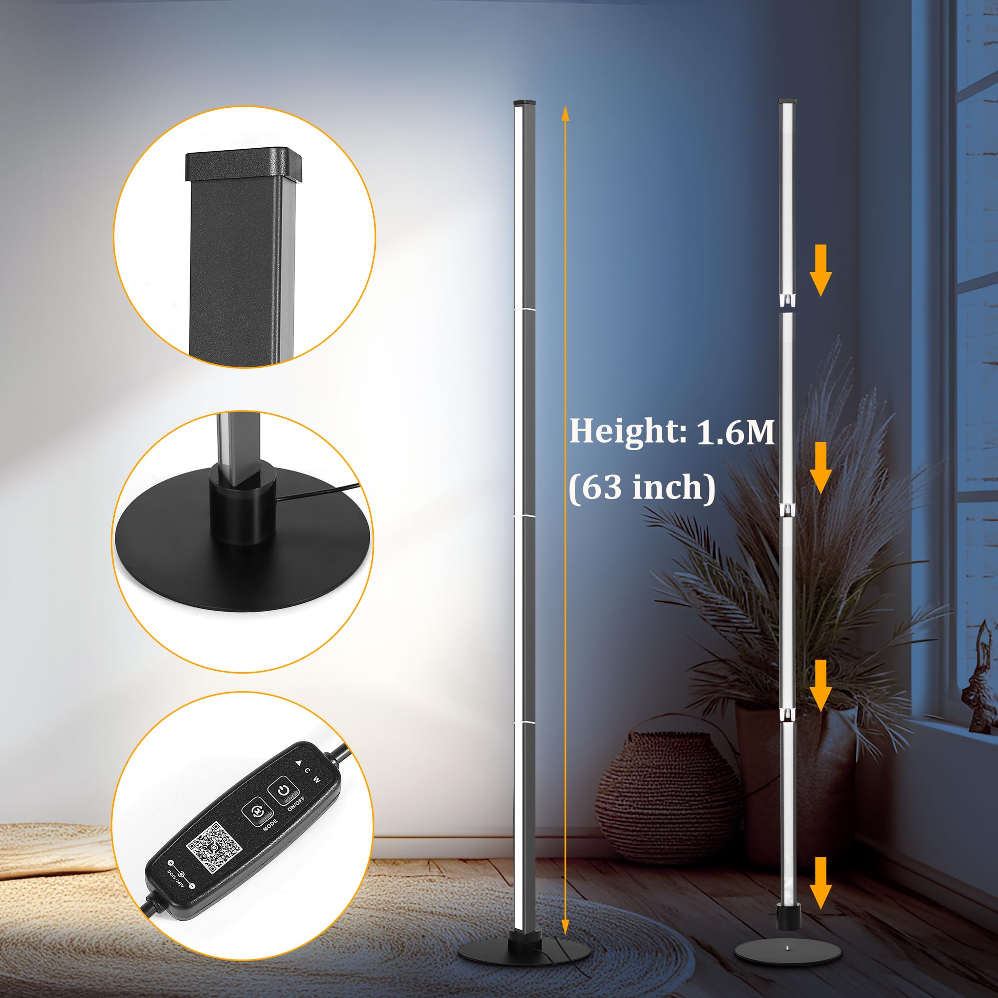 PMS 63 Modern Metal Floor Lamp, Warm to White Color Changing Standing Lamp, Stepless Dimmable Brightness Corner Lamp with APP &