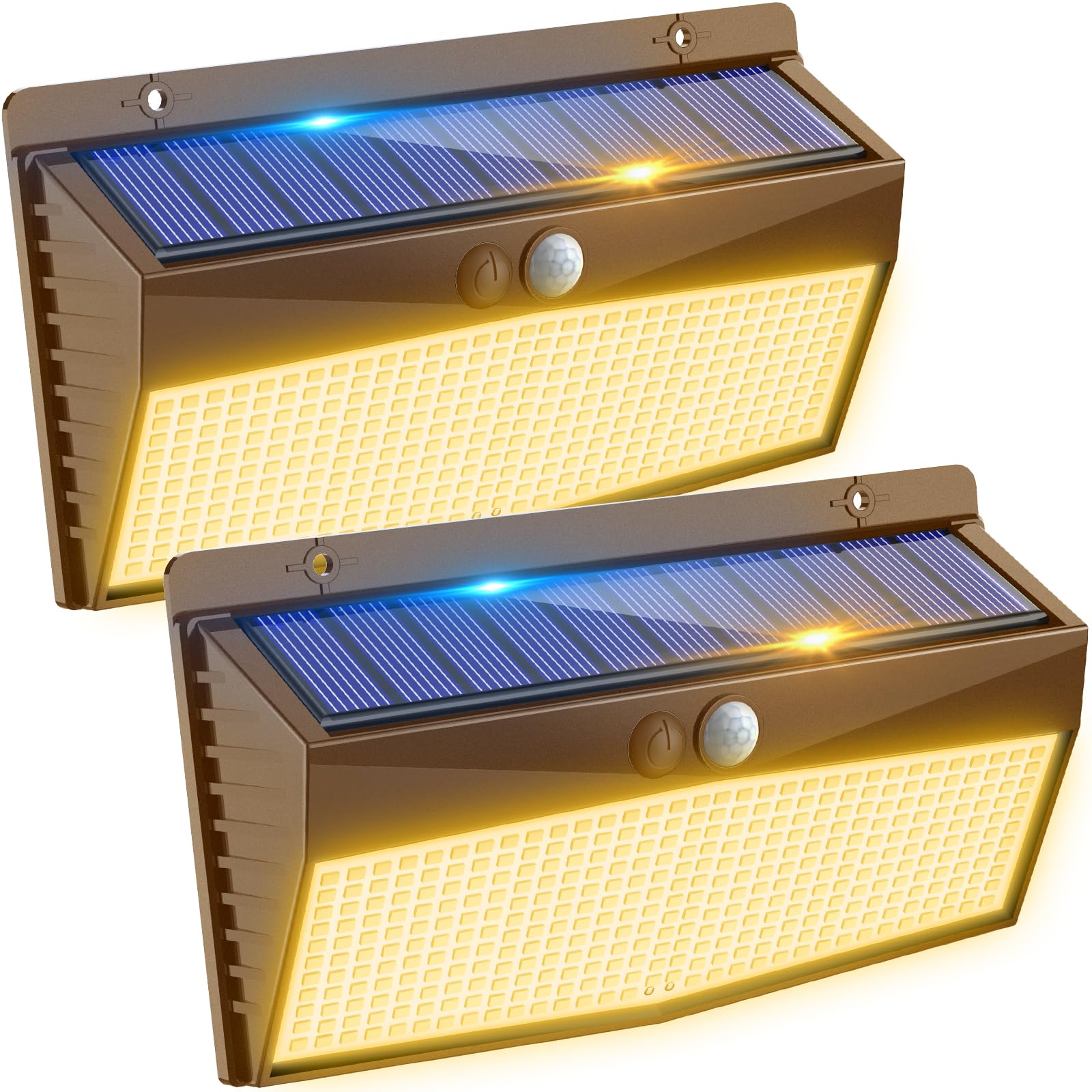 Peasur 368 LED Solar Lights - 2 Pack, Brown-Warm, Motion Sensor, Waterproof Outdoor Security Lights for Yard, Wall, Garden