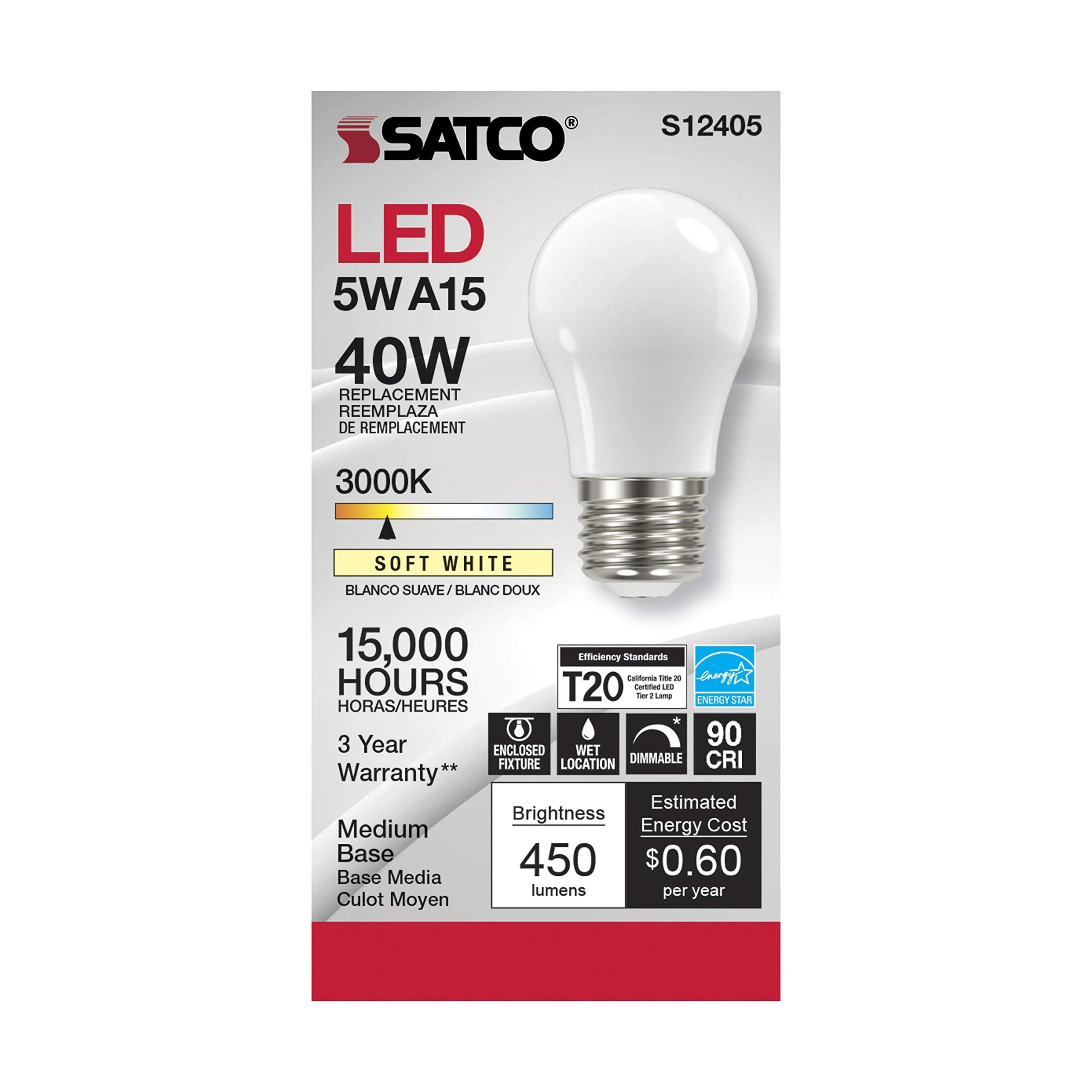 Satco (6 Pack) Dimmable Led Filament Lamps, S12405, High Lumens, 5 Watt, A15; Soft White; 3000K; Medium Base; 90 Cri; 120 Volt For Use At Residential, Hospitality, Display And Commercial