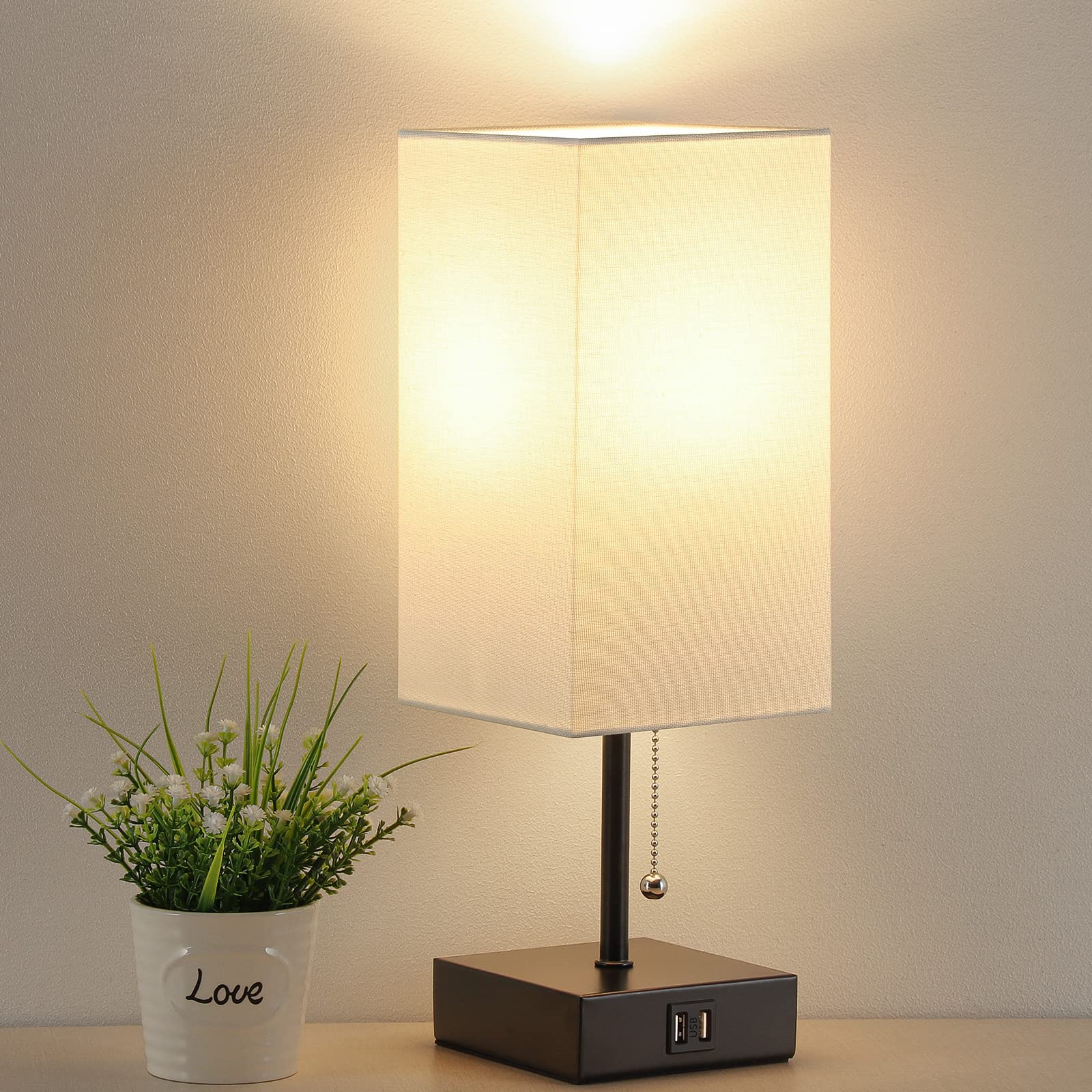 GGOYING Pull Chain Table Lamp, Bedside Lamps with 2 USB Charging Ports, 2700K LED Bulb, White Linen Lampshade for Living Room, D