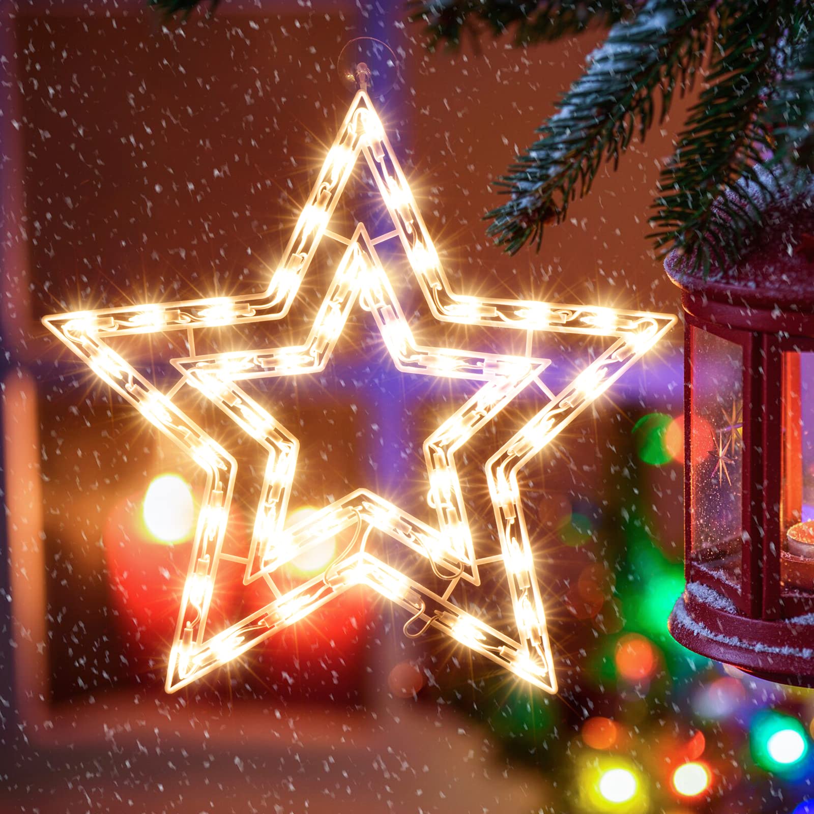 JUSTPRO Christmas Window Silhouette Lights, 50 Count Incandescent Mini Light, Double Sided Star Decor, 1-Pack, Copper