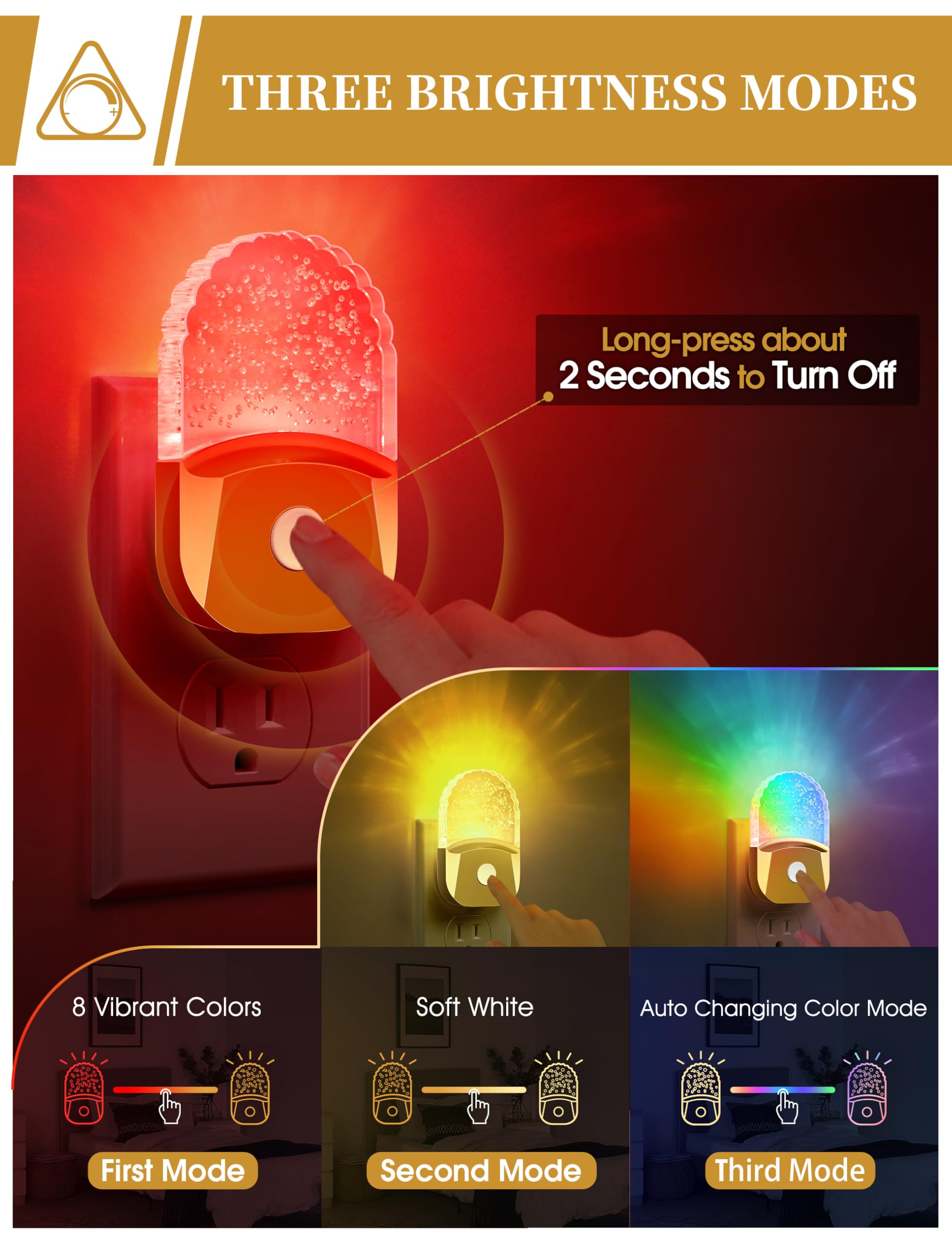 DORESshop RGB LED Night Lights, 2 Pack, Dusk to Dawn Sensor, Plastic, Golden Cover, Model D-GY019