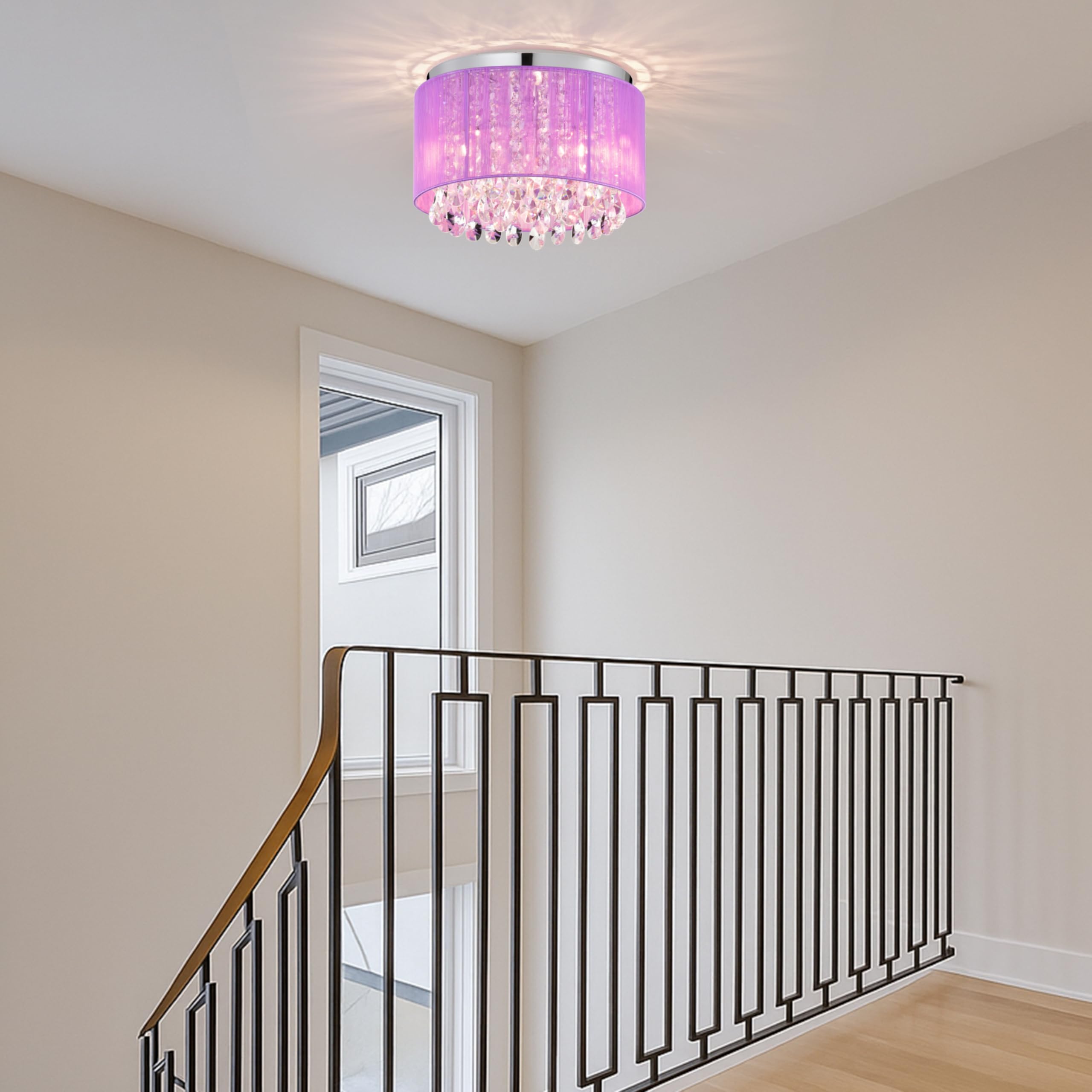LaLuLa Crystal Chandelier, 4-Light Flush Mount, Metal, Purple, 18in Drum Shade
