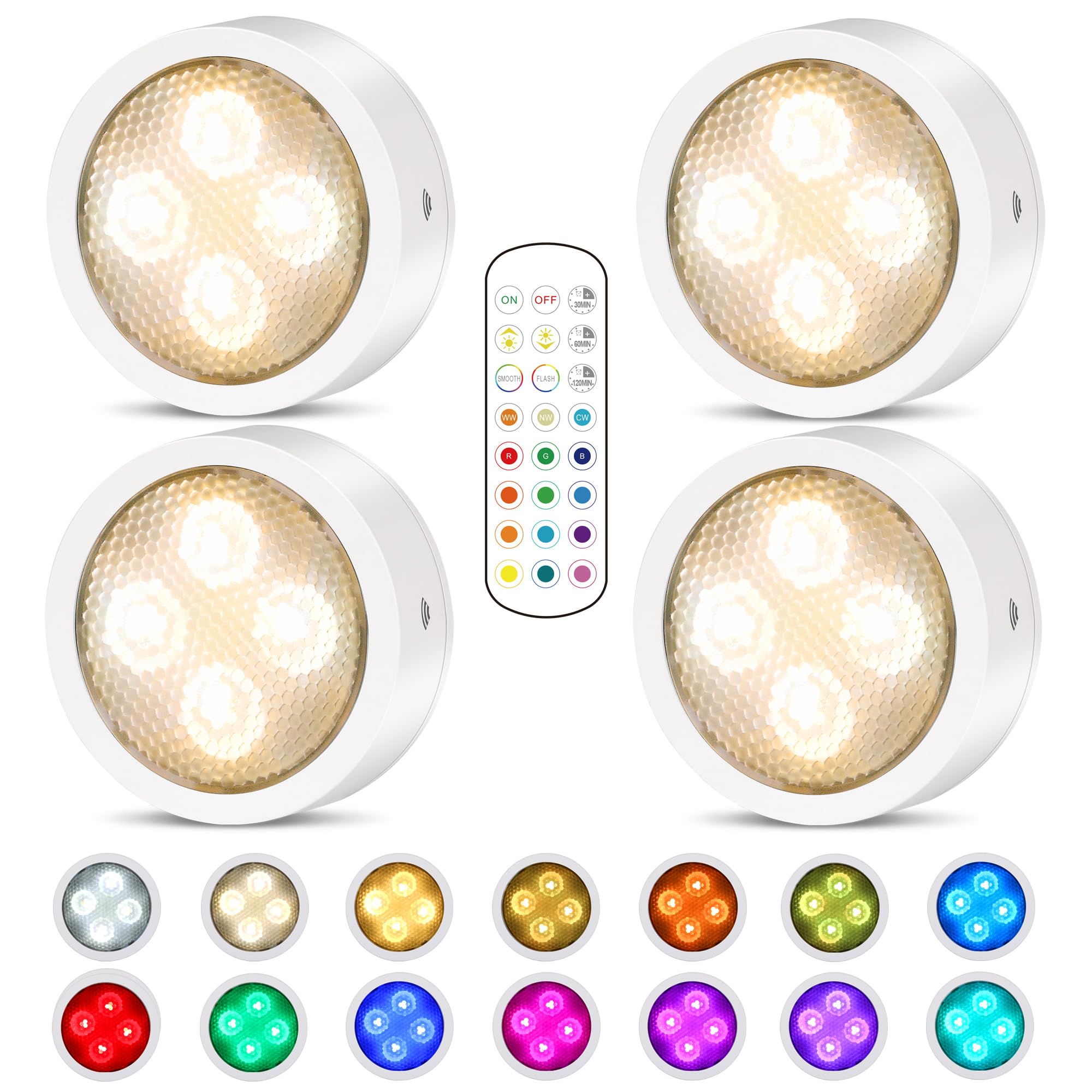 TECOMLIGHT Puck Lights with Remote Control, Battery Operated Wireless Under Cabinet Lighting, RGBCW Stick On Tap Lights for Kitc