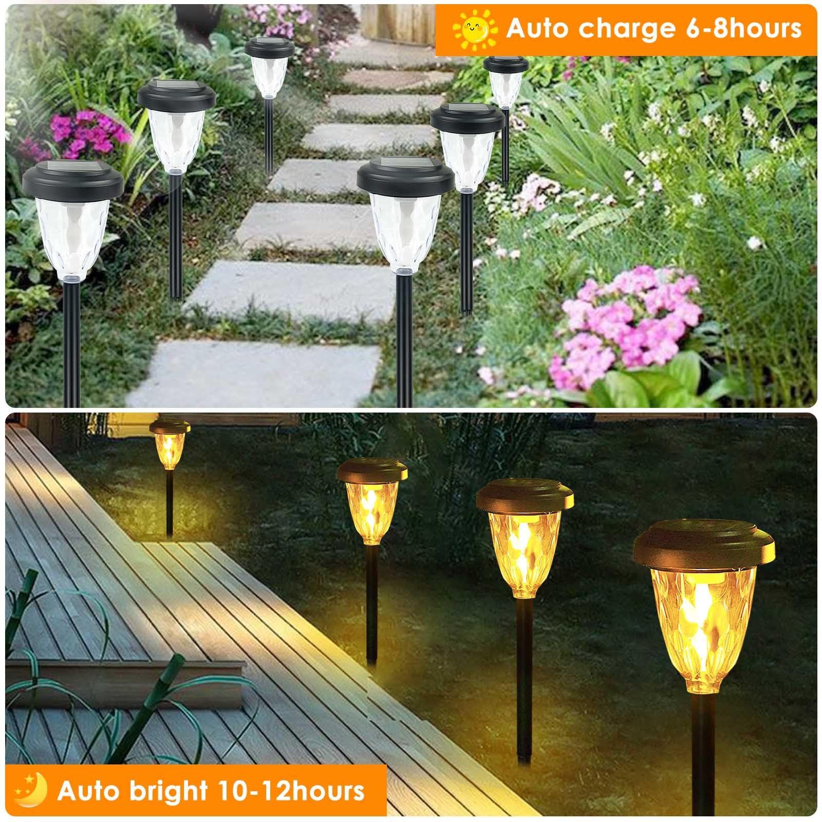 6Pk 2 Modes(Steady On/Flickering ) Solar Lights Outdoor Pathway , Solar Garden Lights, Auto On/Off Torch Lights With Flickering