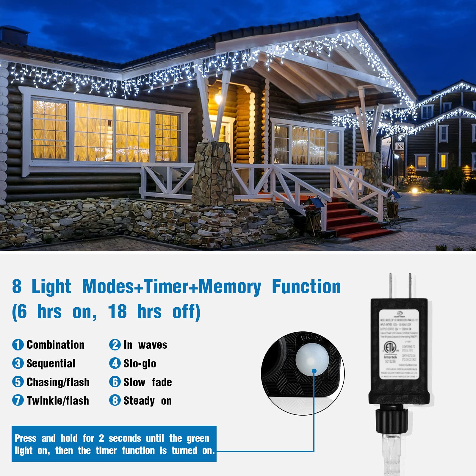 Amberfun 32.8Ft 400 Led Cool White Icicle String Lights, Waterproof With 8 Modes For Christmas Decor