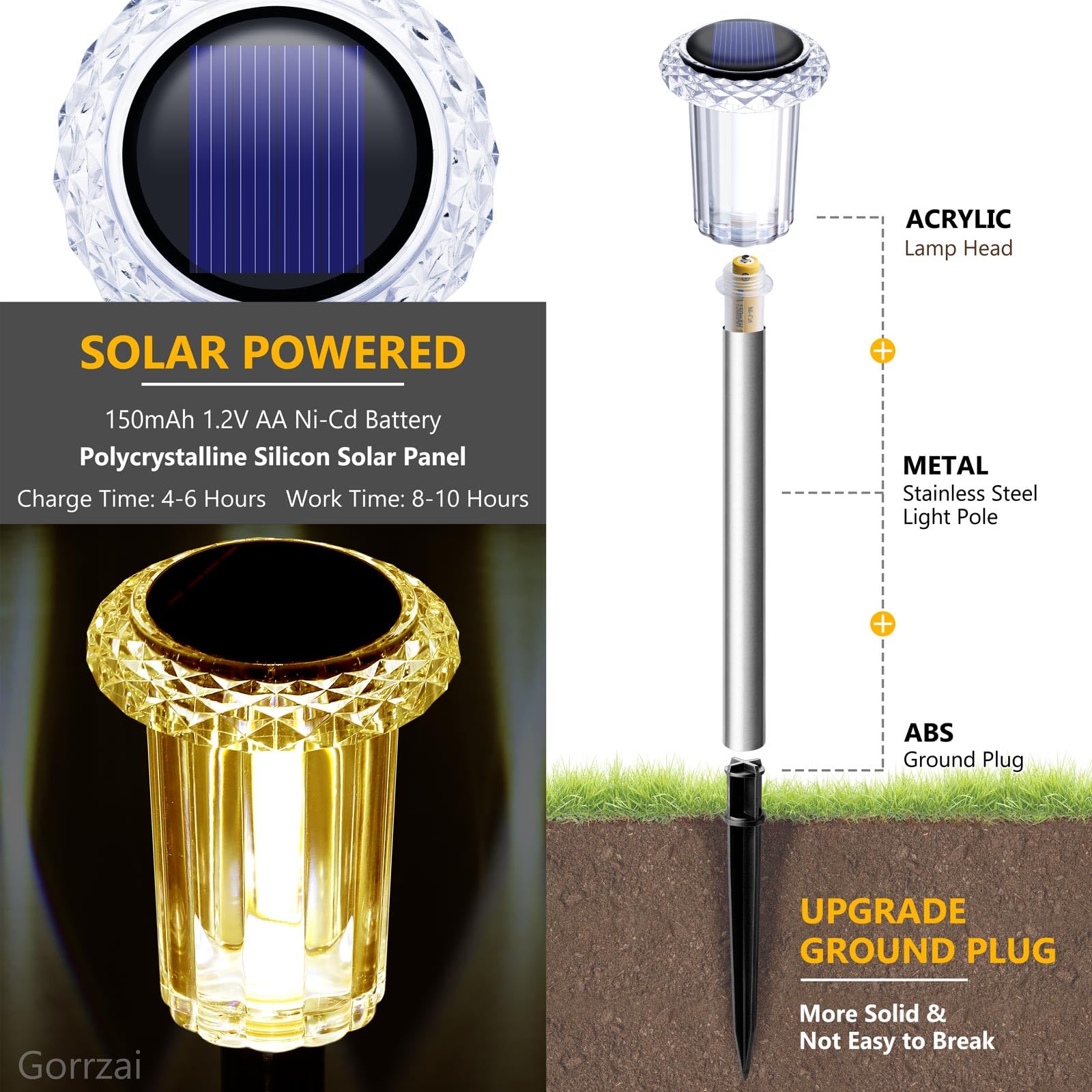 Gorrzai Solar Lights Outdoor 15 Pack Solar Pathway Lights Led Waterproof Stainless Steel Garden Stake For Yard, Outside, Walkway