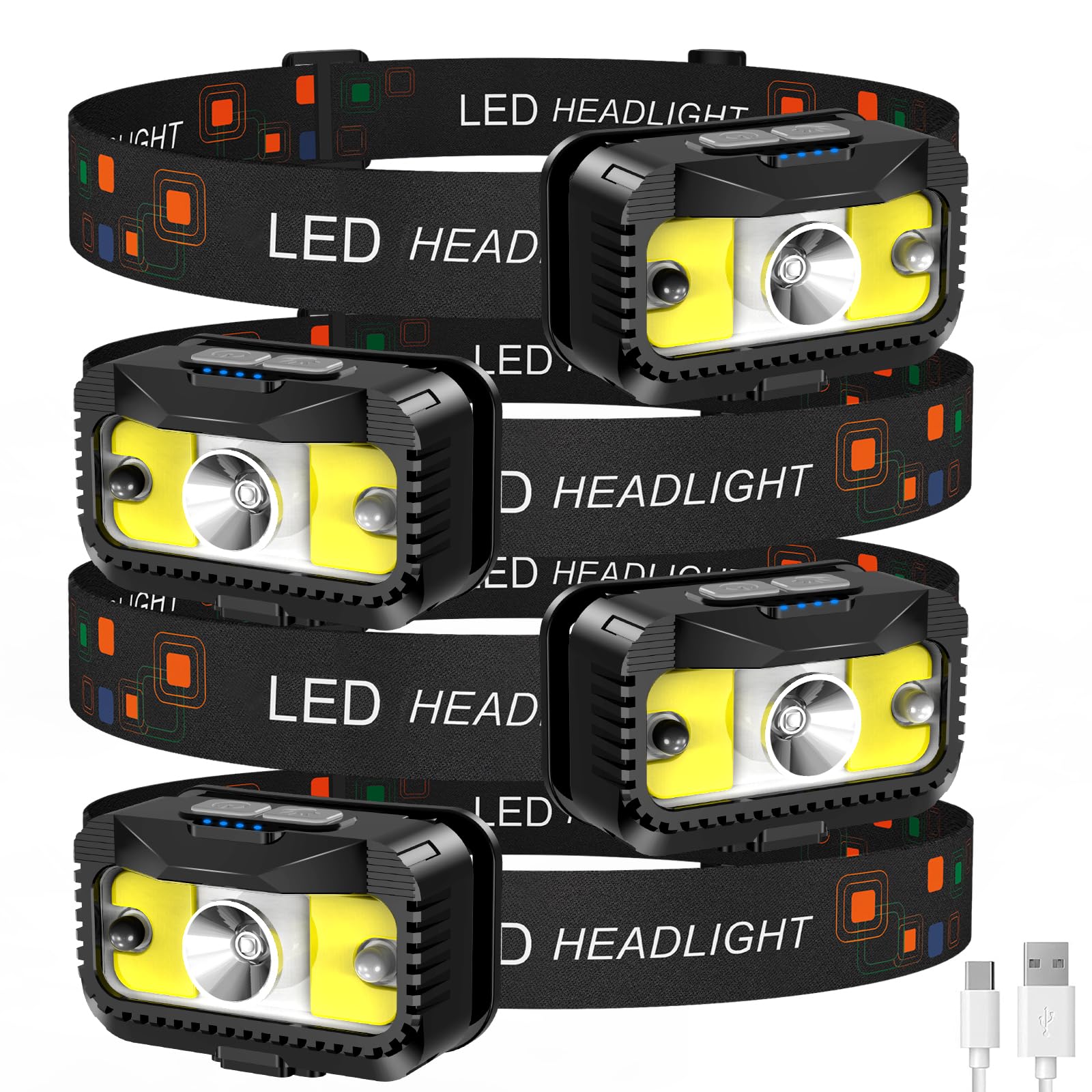 MIOISY Rechargeable Headlamp, 1200 Lumen LED, Waterproof, 8 Modes, 4 Packs, Black, Model TG-T12602