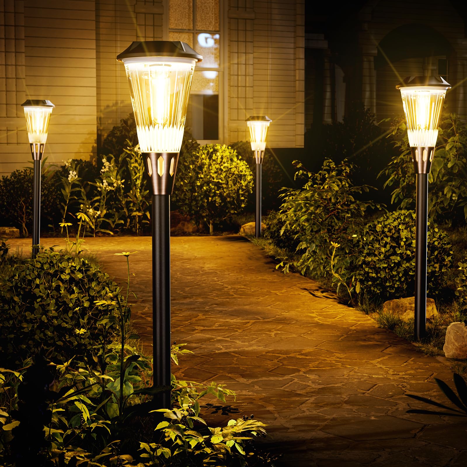 Bitpott 4 Pack Solar Lights Outdoor Waterproof Ip65, 2-In-1 Warm&Cool Solar Outdoor Lights, Bright Solar Light Outside Pathway, Auto On/Off Outdoor Solar Lights For Yard Walkway Driveway Landscape