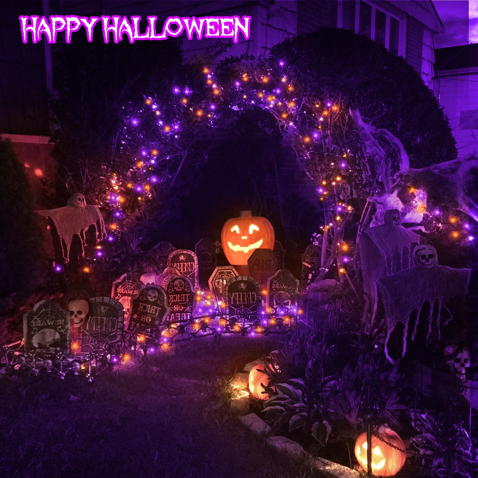 4 Pack Halloween Solar Fairy Lights 131.2Ft 400 Leds Outdoor Twinkle Lights With 8 Modes, Waterproof Silver Wire String Lights For Garden Patio Party Decorations (Orange Purple)