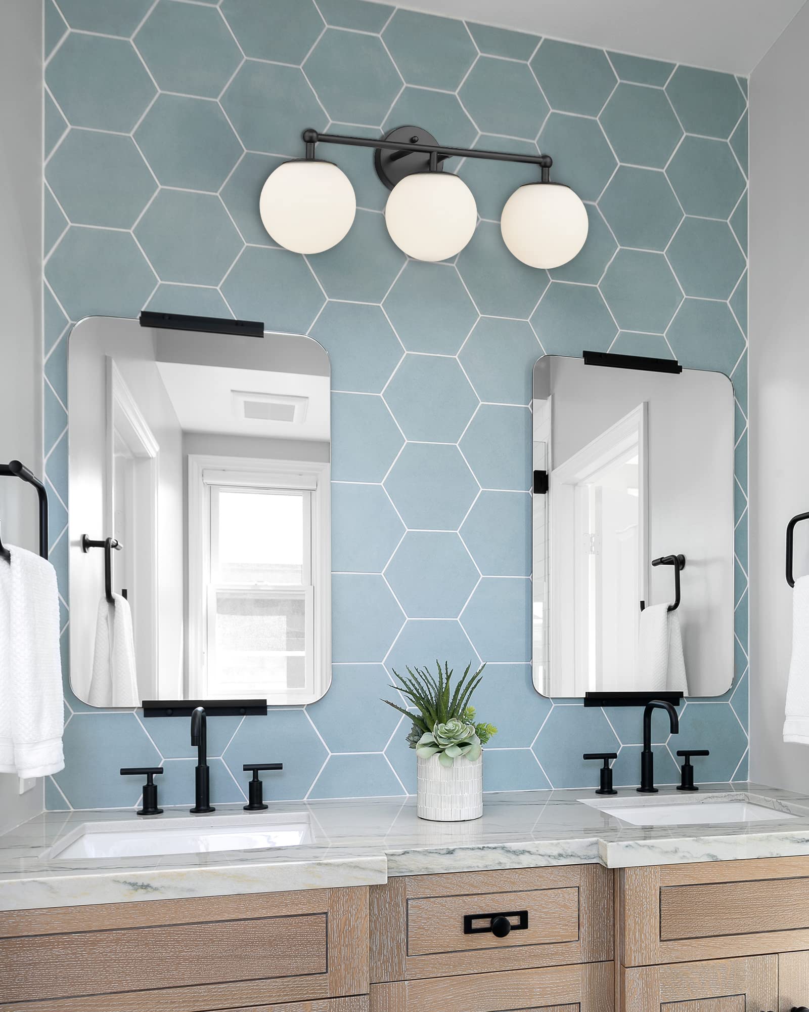 AKEZON 3-Light Black Vanity Lights for Bathroom, Milky Glass Globe Shade, Model KW-7307-3