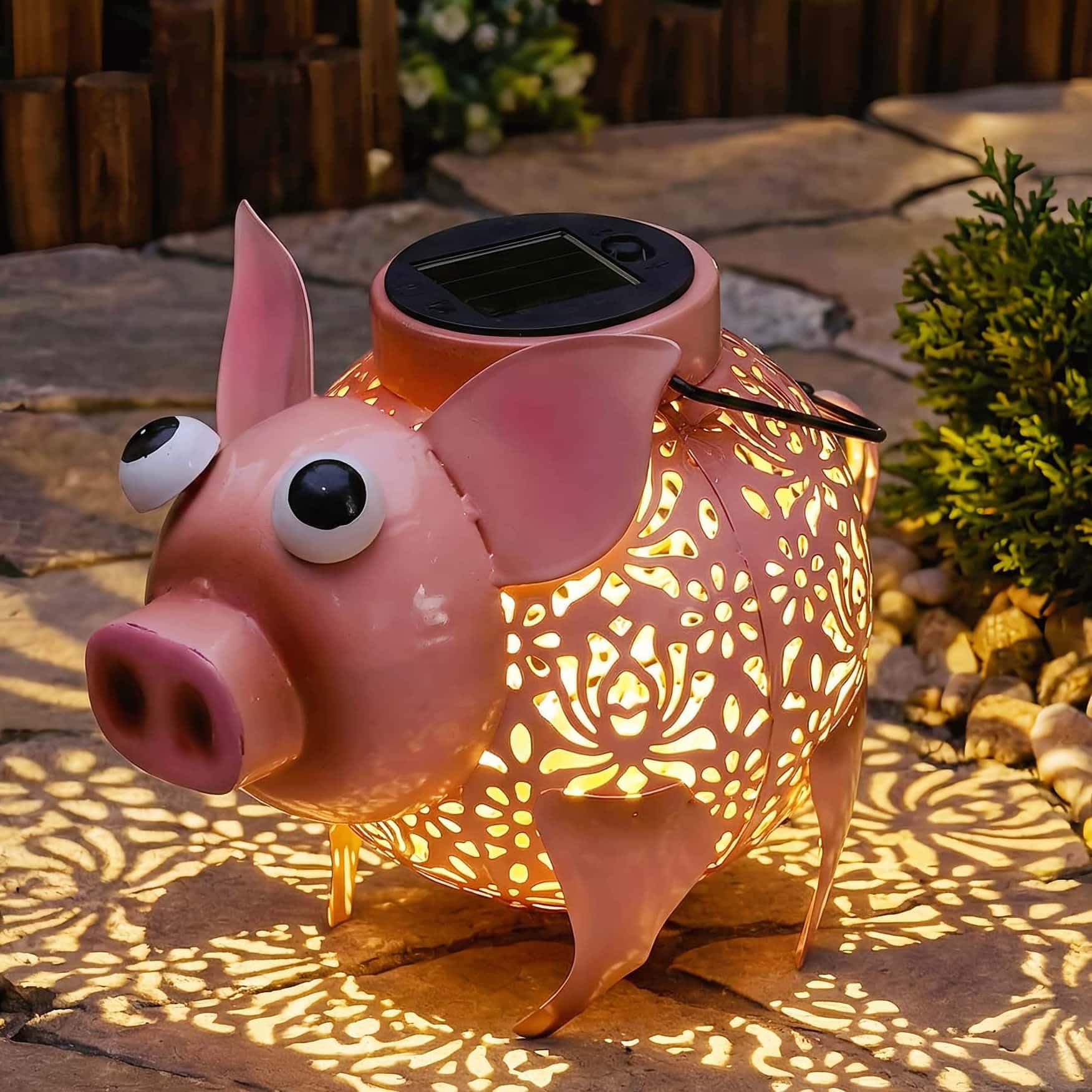 Euiroet 9 Solar Powered Pig Night Light Statue, Waterproof Metal Garden Sculpture & Statue, LED Figurine, Patio Accent, Landscap