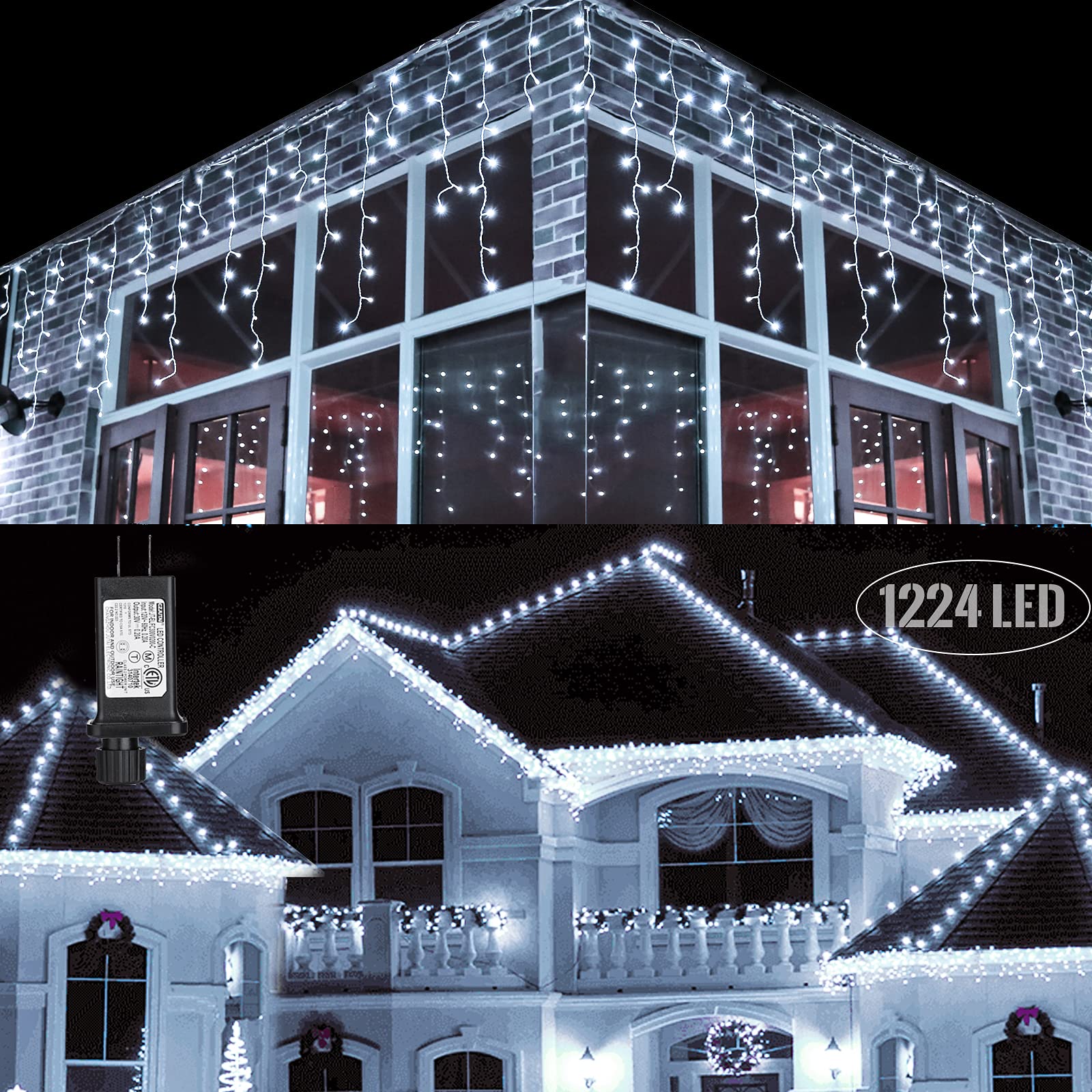 Toodour Icicle Christmas Lights Outdoor, 100Ft 1224 Led Icicle Lights With 204 Drops, 8 Modes Window Curtain Icicle Fairy Twinkl