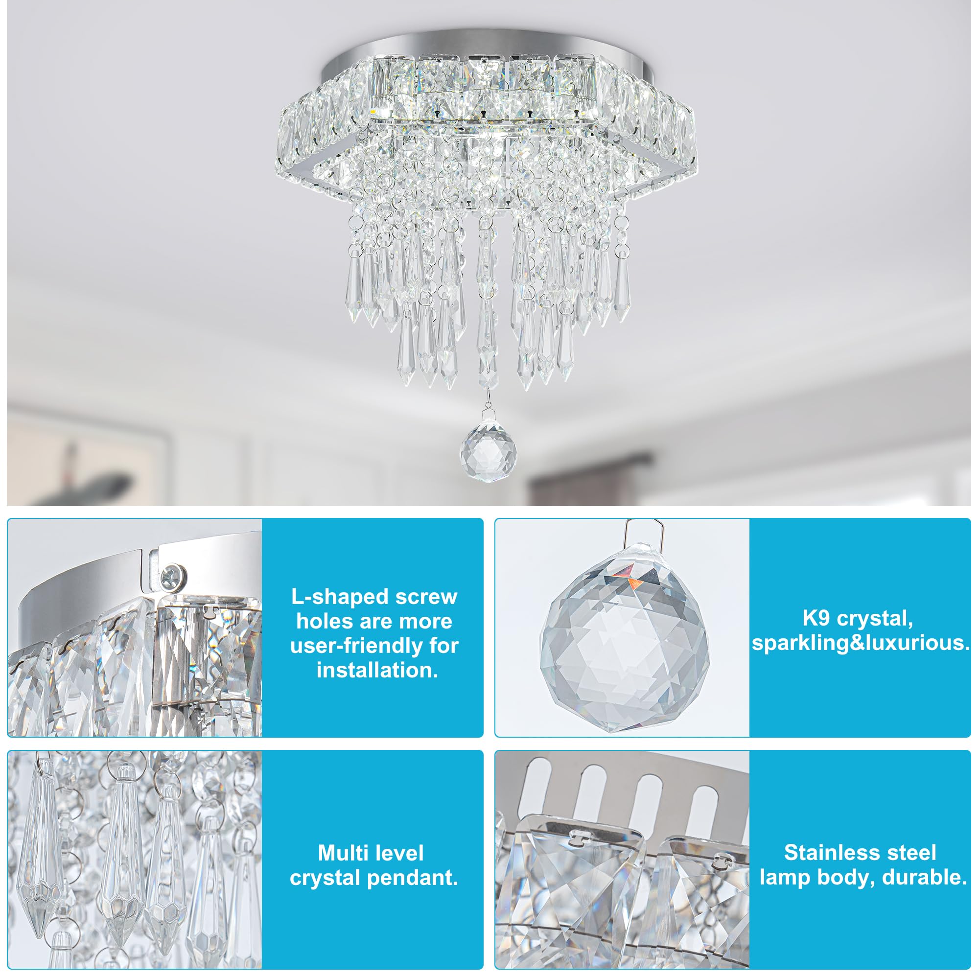 HomLaiting Crystal Semi Flush Mount Ceiling Light Fixture 11.8in Hexagon 6500K Chandelier for Bedroom and Dining Room